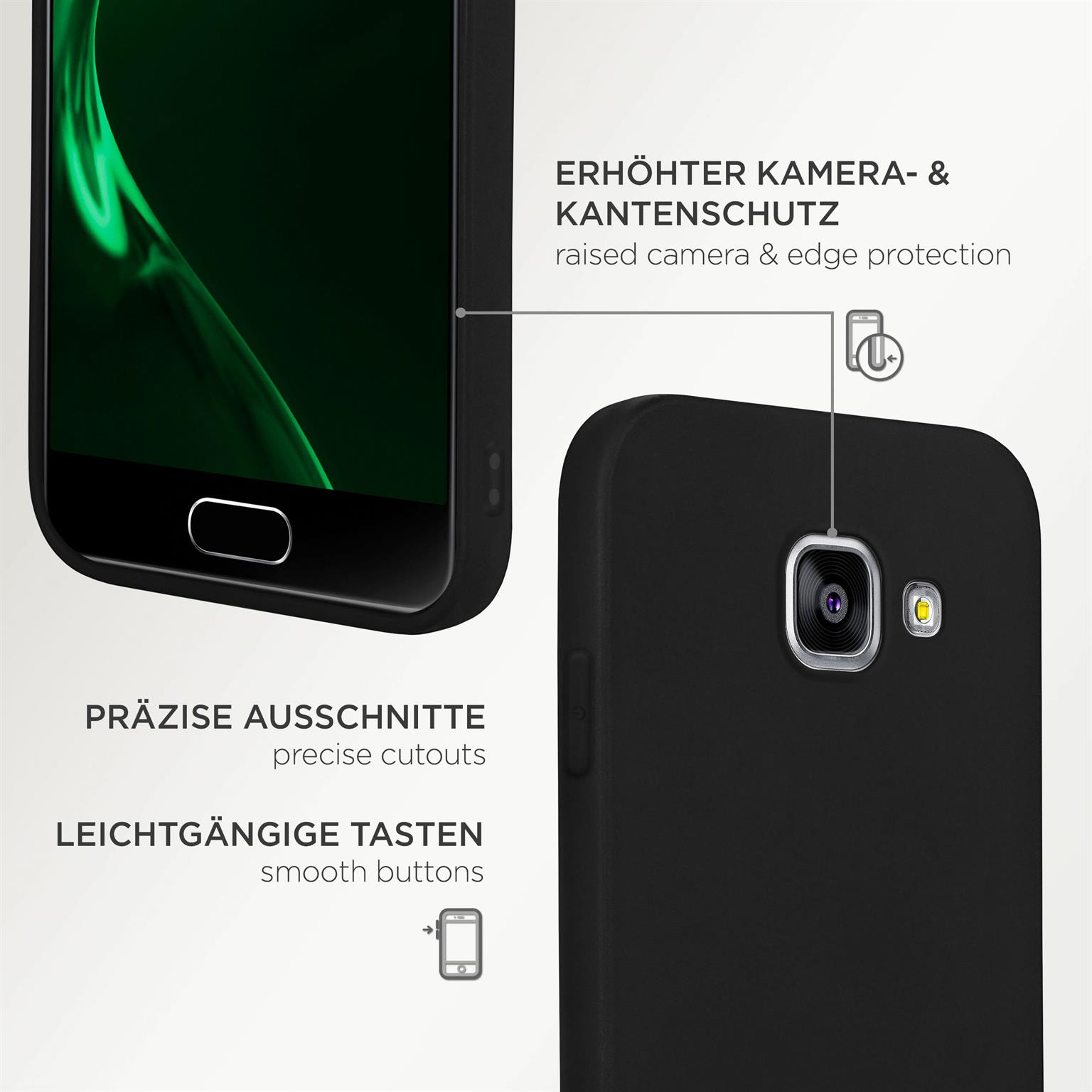 Schwarze Handyhülle mit präzisen Aussparungen, der Bildschirm ist sichtbar.