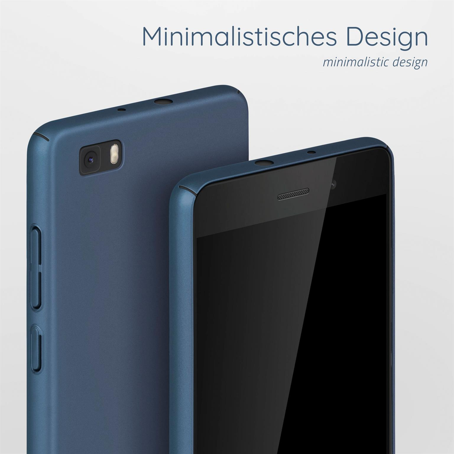 Zwei blaue Handyhüllen nebeneinander. Eine zeigt die Rückseite, die andere die Seite.