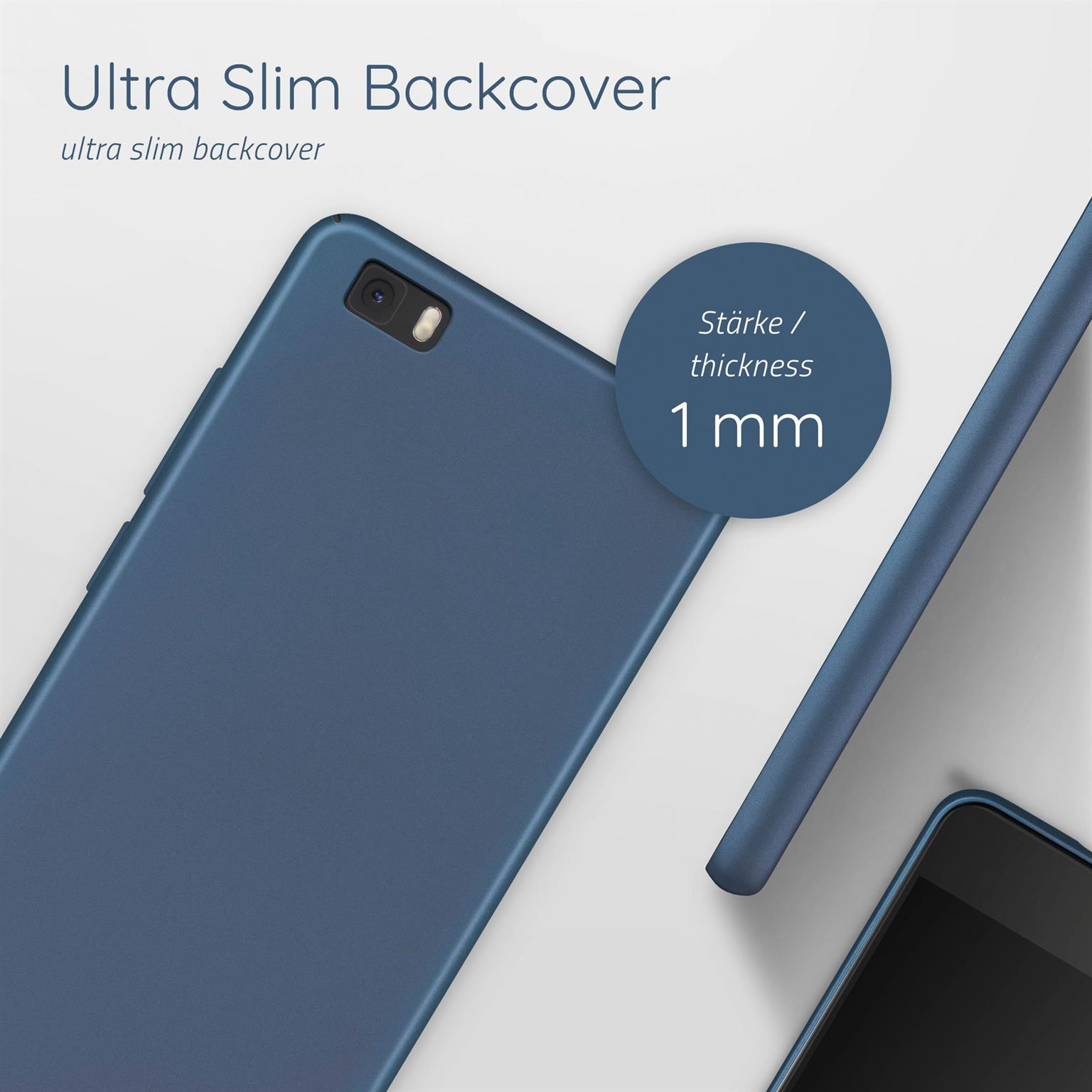 Blaue Handyhülle mit 1 mm Dicke. Text: Ultra Slim Backcover.