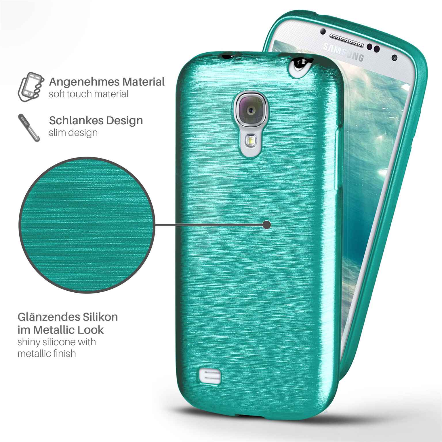 Türkisfarbene Handyhülle mit Telefon, Nahaufnahme, glänzender Metallic-Look.