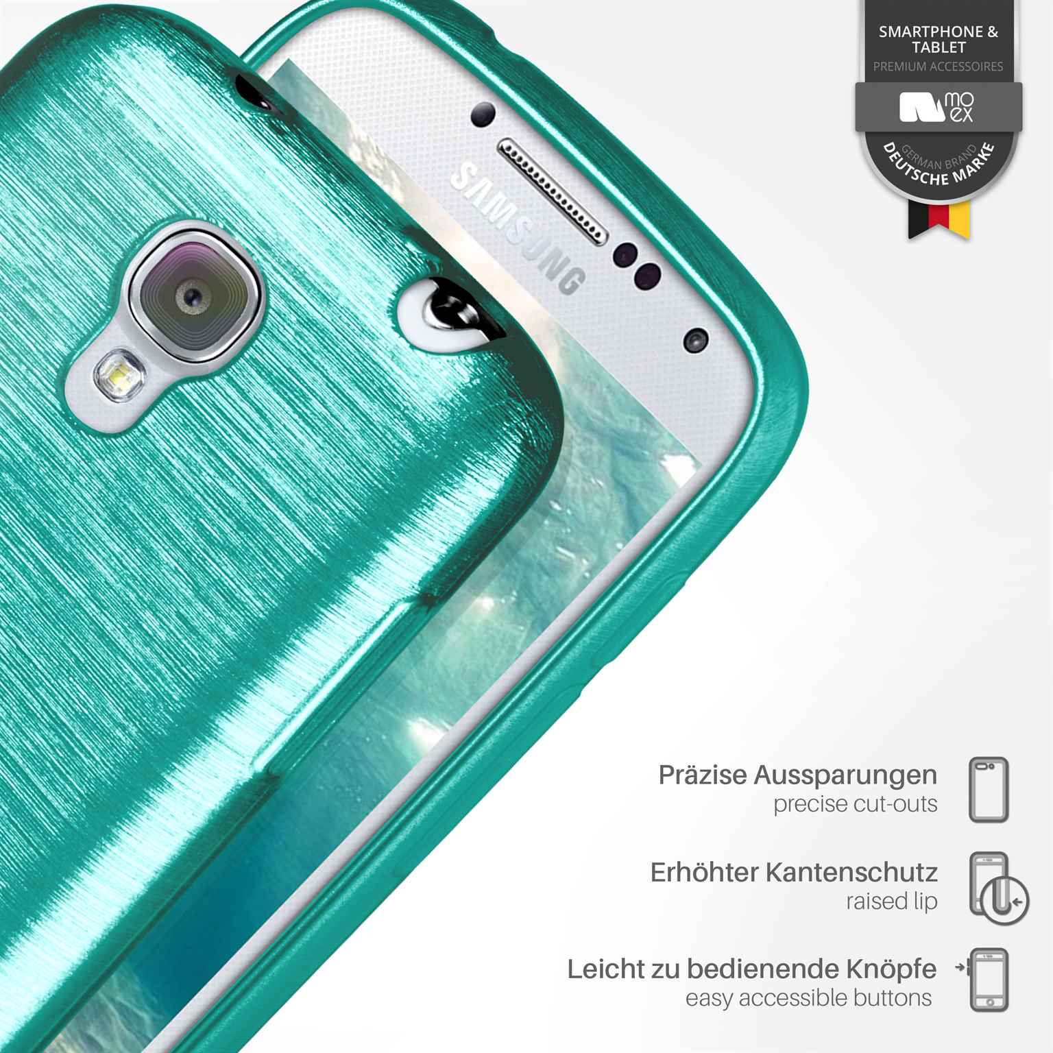 Türkisfarbene Handyhülle mit Telefon darin. Präzise Aussparungen, erhöhter Rand, einfache Knöpfe. Text: Präzise Aussparungen.