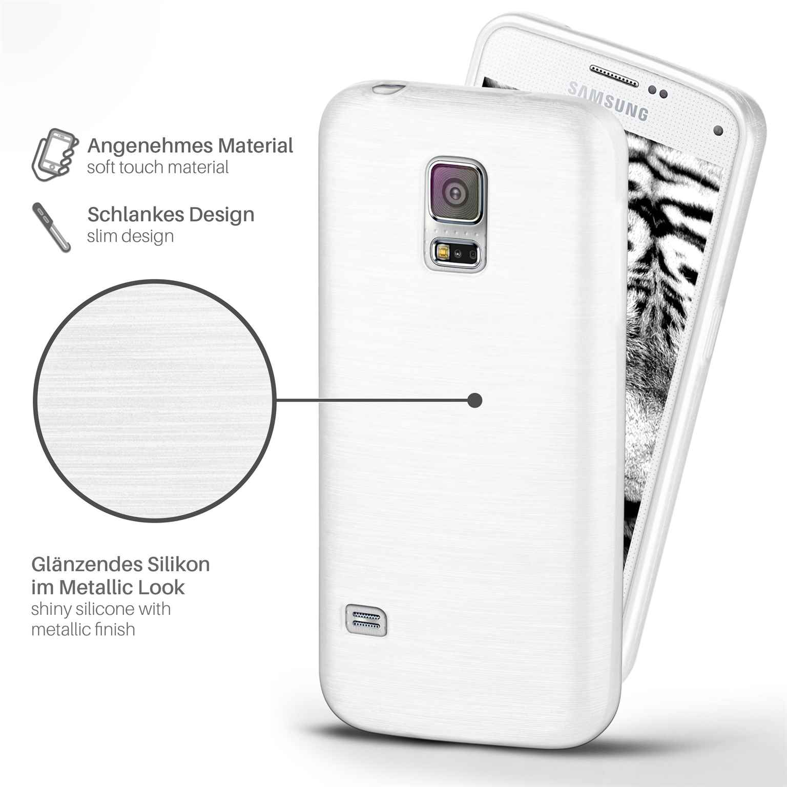 Weiße Handyhülle mit glänzendem Metallic-Finish. Ein Telefon befindet sich in der Hülle.