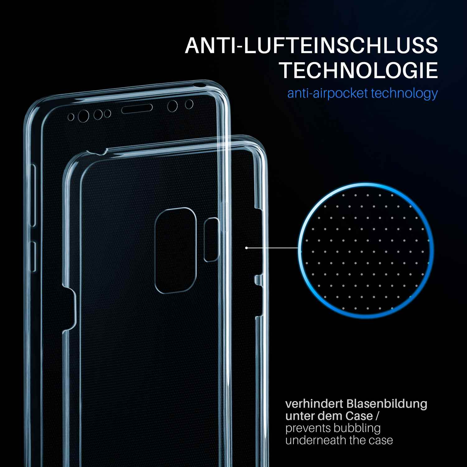 Transparente Handyhülle. Text: Anti-Lufteinschluss-Technologie, verhindert Blasenbildung unter der Hülle. Blauer Hintergrund.