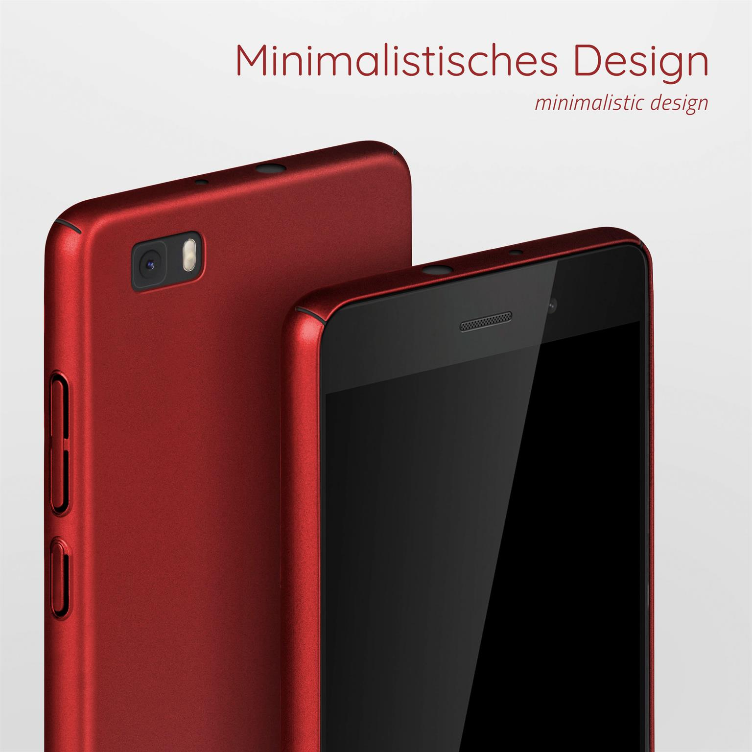 Rote Handyhülle, zwei Telefone, Rückseite und Vorderseite, minimalistisches Design.