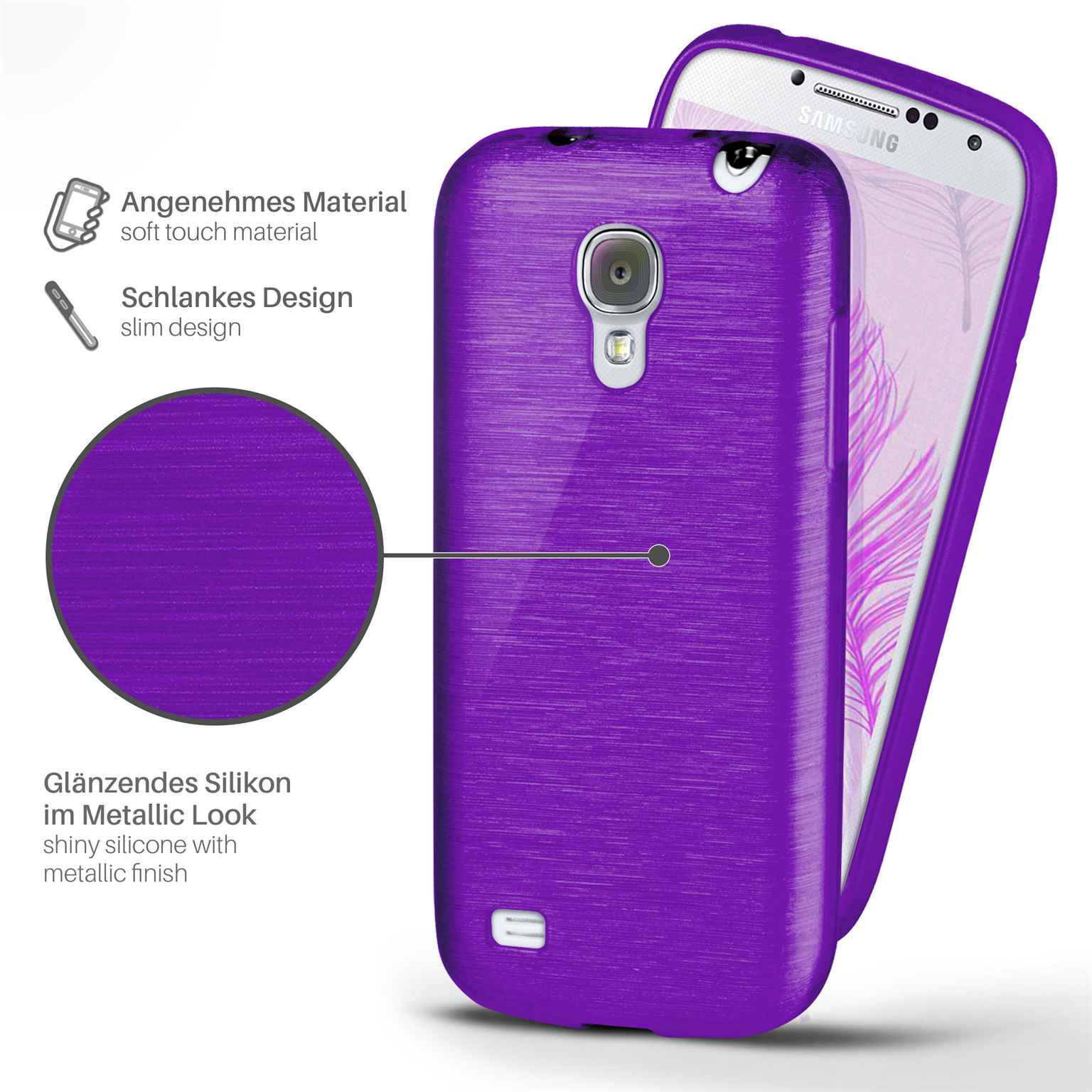 Lila Handyhülle mit Telefon. Text beschreibt Design mit Metallic-Finish und Silikon.