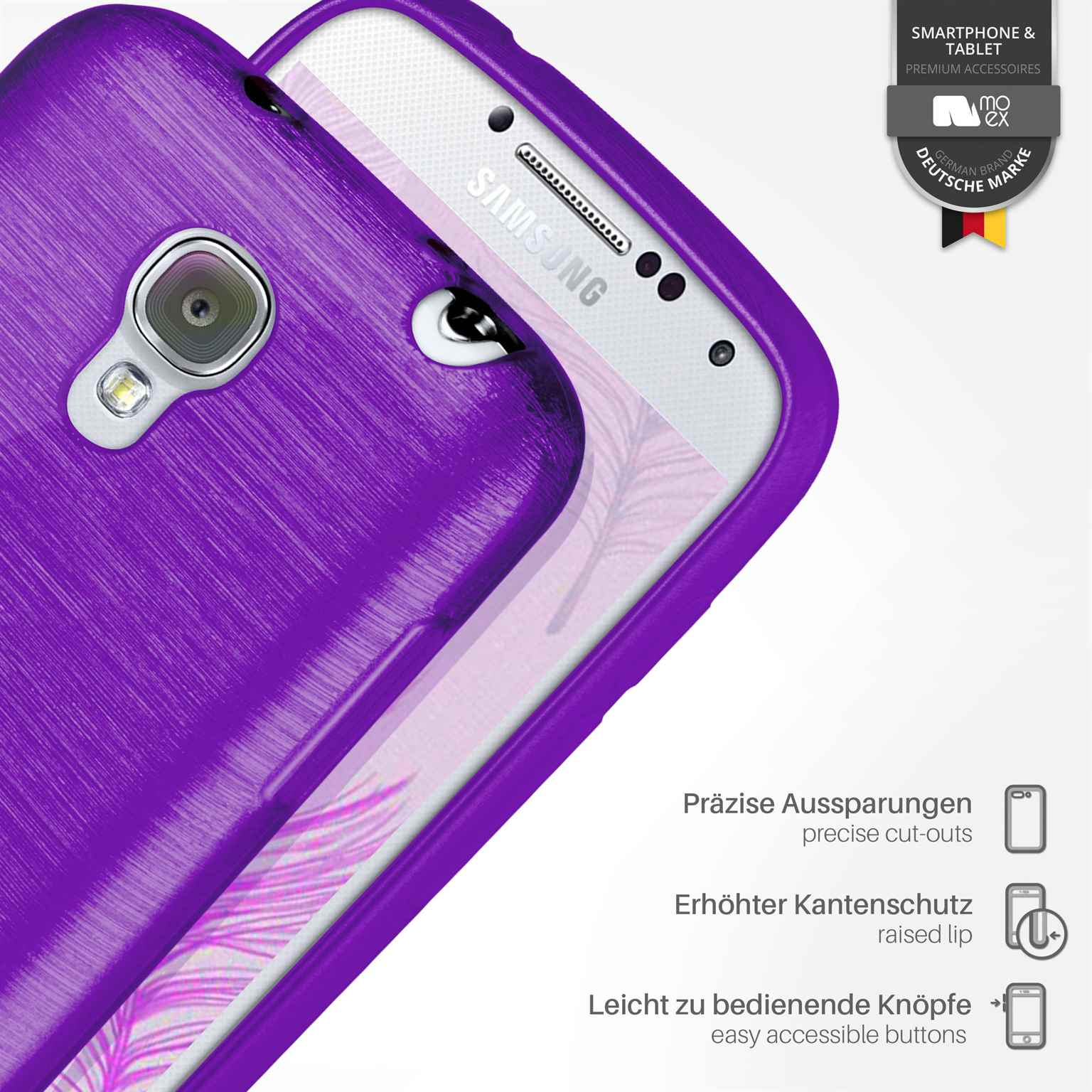 Lila Handyhülle mit einem Samsung-Telefon im Inneren. Präzise Aussparungen und erhöhte Kanten sind gezeigt.