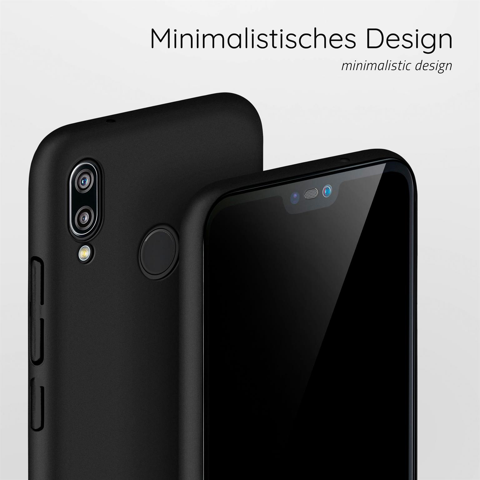 Schwarze Handyhülle auf einem Telefon. Zwei Telefone werden nebeneinander präsentiert.