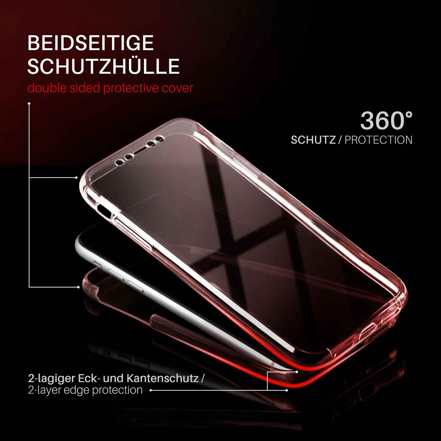 Handyhülle, doppelseitig, schwarz, roter Kantenschutz, 360° Schutz.