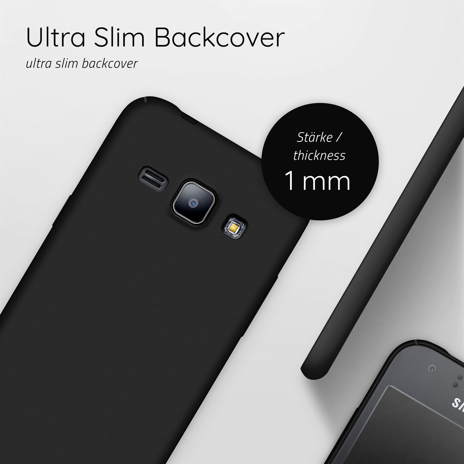 Schwarzes Smartphone mit schwarzem Gehäuse. Das Gehäuse ist dünn, mit einem 1 mm dicken Etikett.