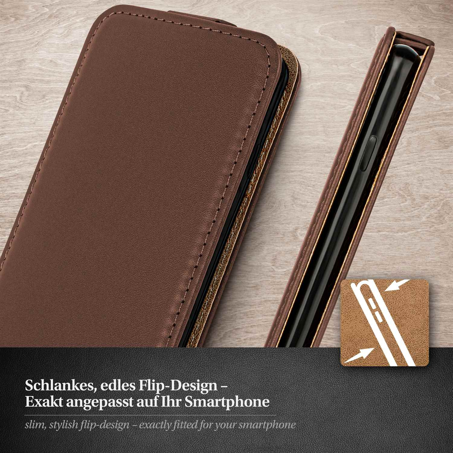 Eine geöffnete Handyhülle, die ein Telefon im Inneren zeigt, mit Text auf Deutsch über das Design.
