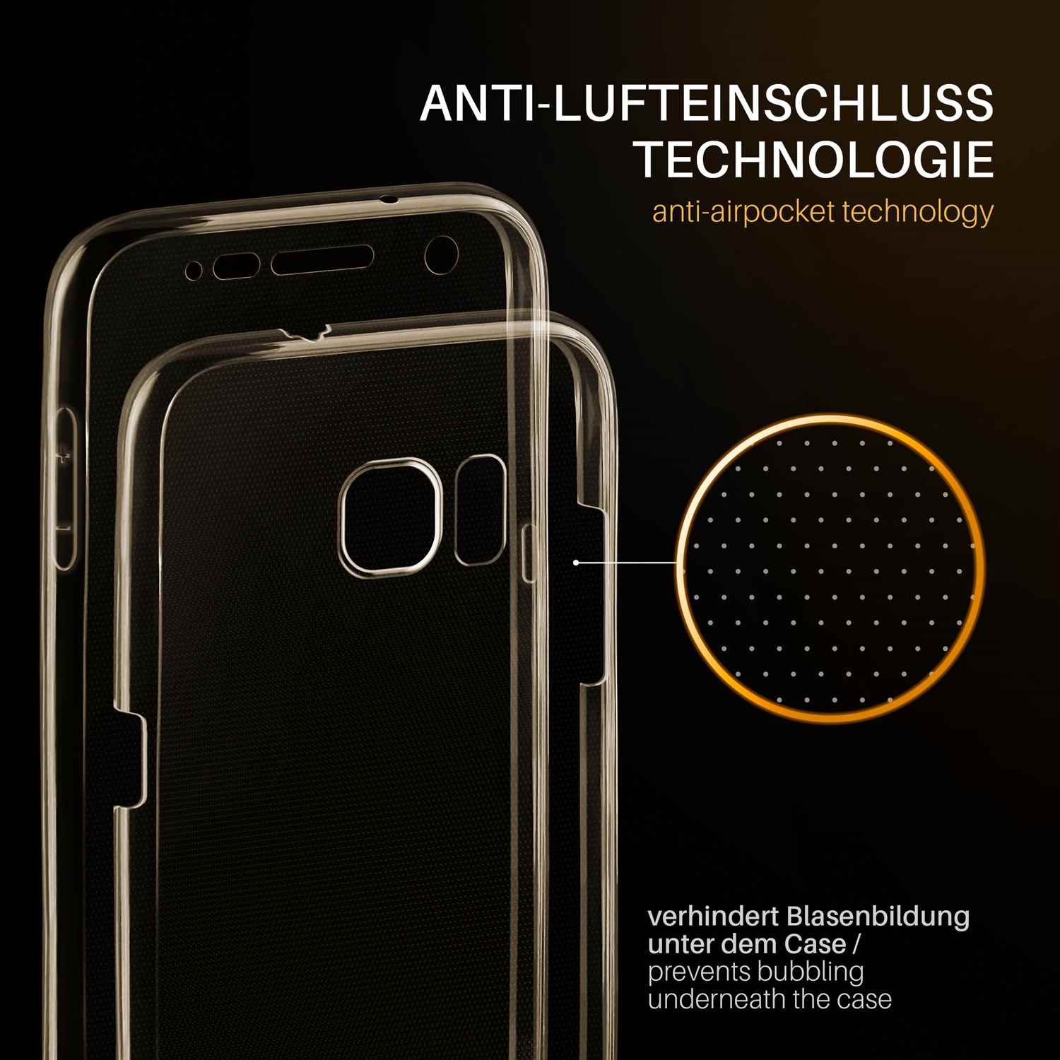 Transparente Handyhülle, die ein Telefon im Inneren zeigt, mit deutschem Text über die Luftpolstertechnologie.