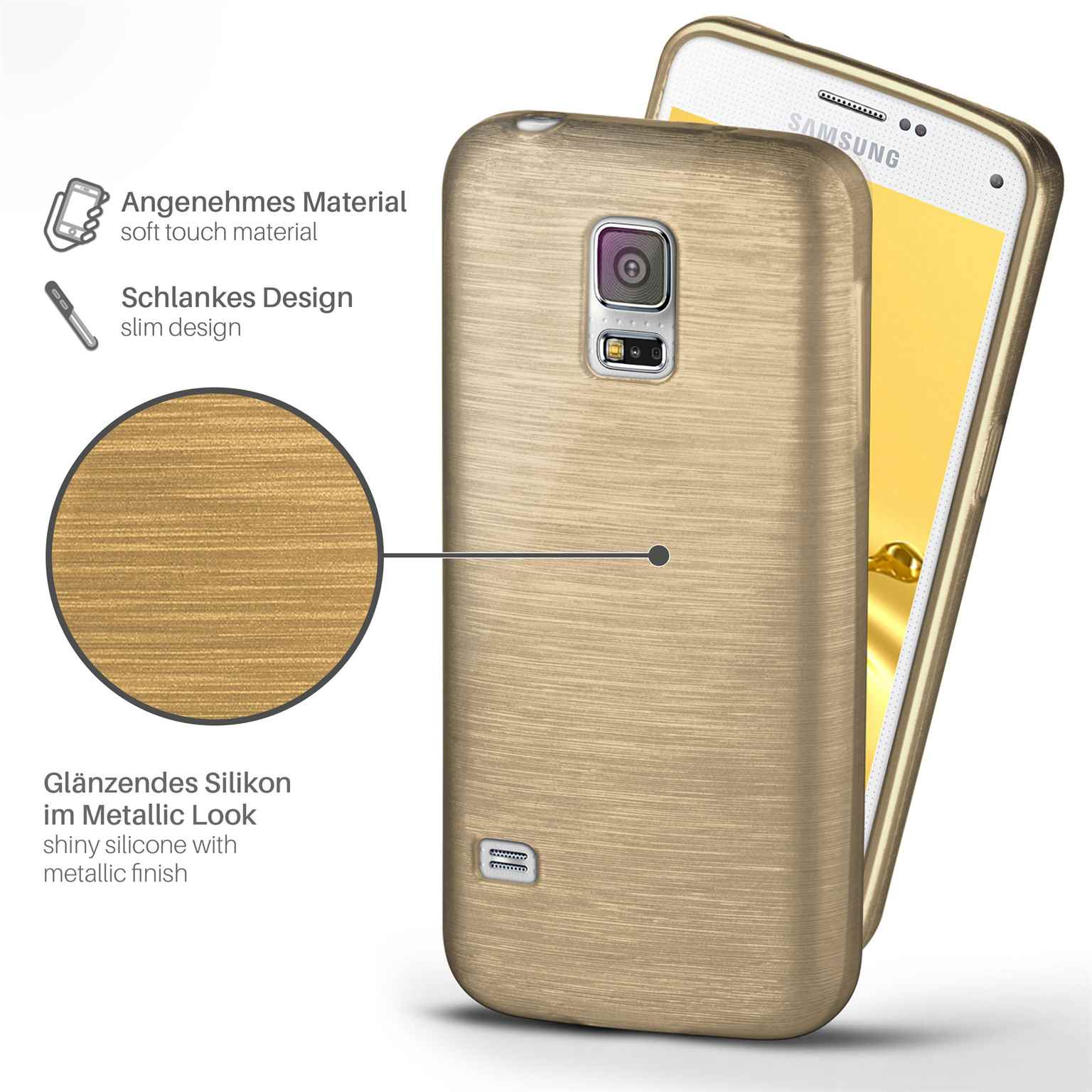 Goldene Handyhülle mit goldenem Telefon. Detail zeigt metallisches Finish.