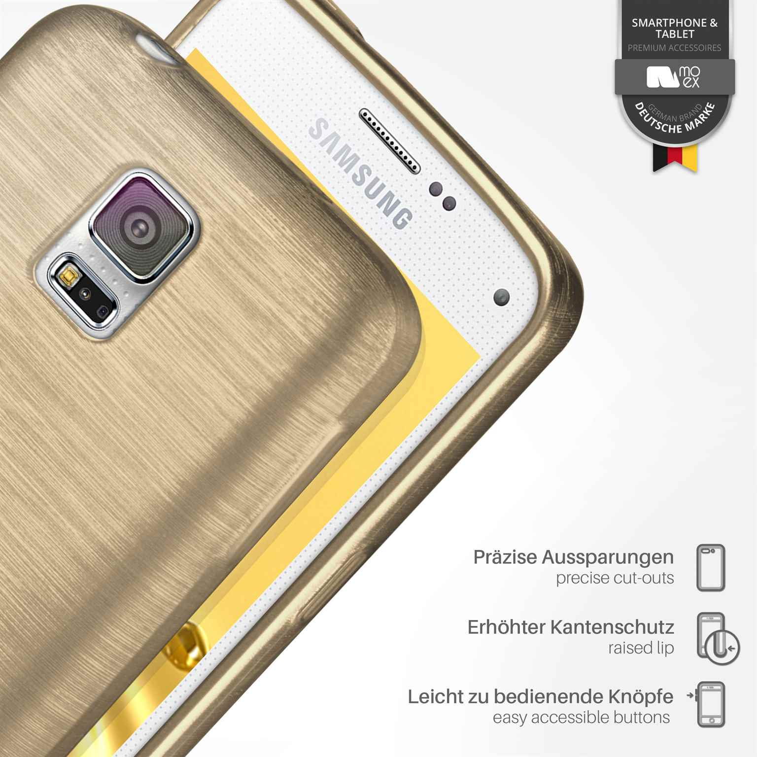 Goldenes Telefon in goldener Hülle. Präzise Aussparungen Text. Erhöhter Kantenschutz Text. Leicht zu bedienende Knöpfe.