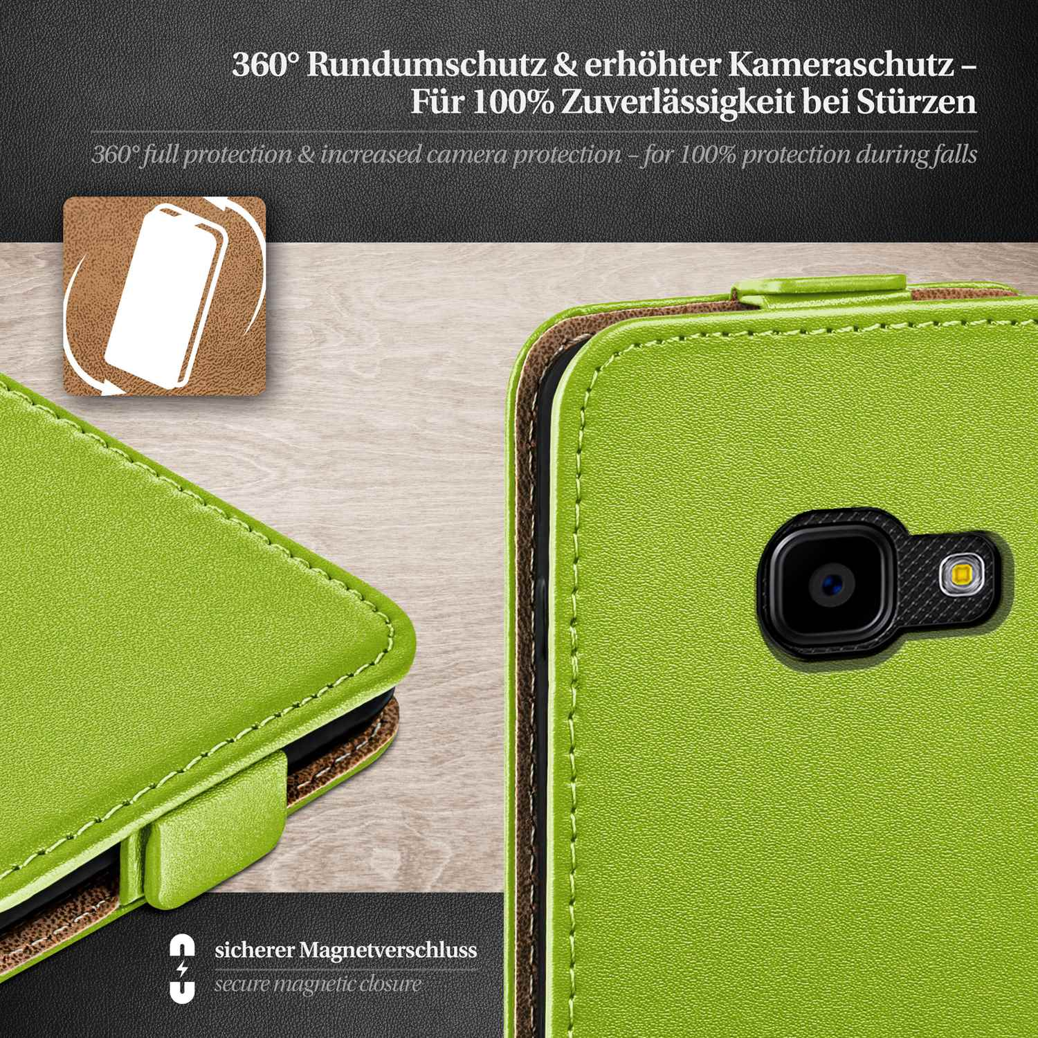 Grüne Handyhülle mit Telefon darin. Die Hülle ist offen und zeigt das grüne Innere.