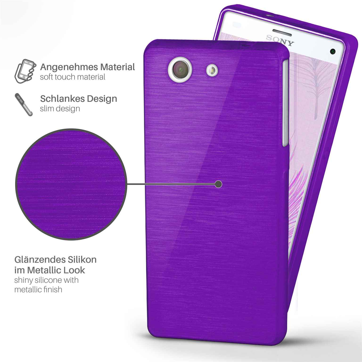 Lila Handyhülle mit Telefon. Metallic-Look. Telefon und Hülle zusammen gezeigt.