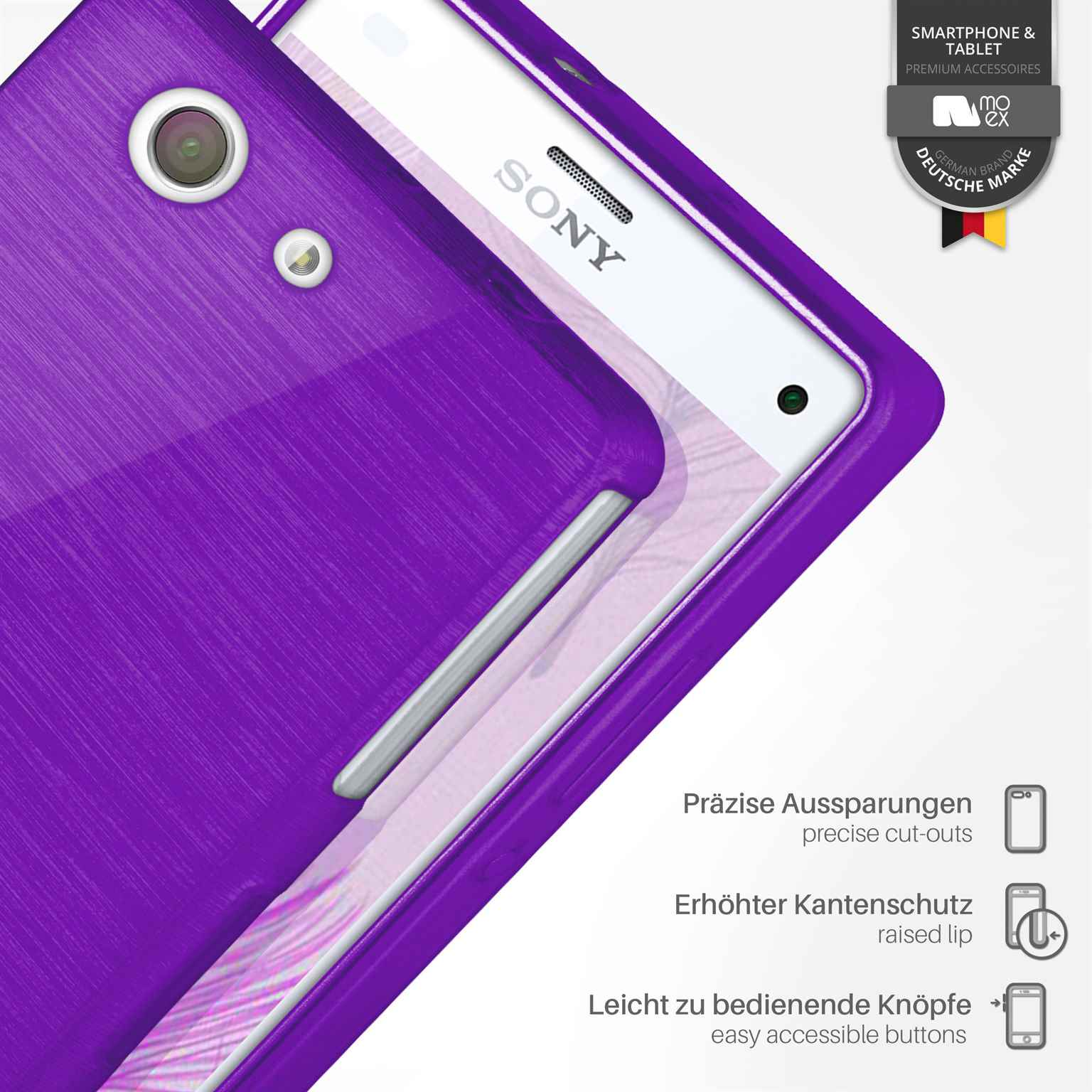 Lila Handyhülle mit weißem Telefon. Die Hülle hat präzise Aussparungen und erhöhte Kanten.