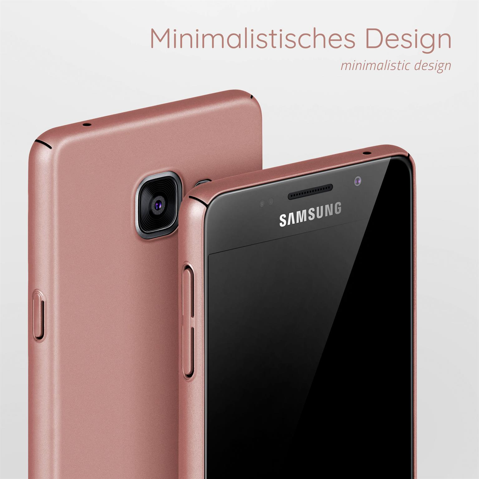 Zwei roségoldene Telefone, eines vorne, das andere hinten. Minimalistisches Design wird hervorgehoben.