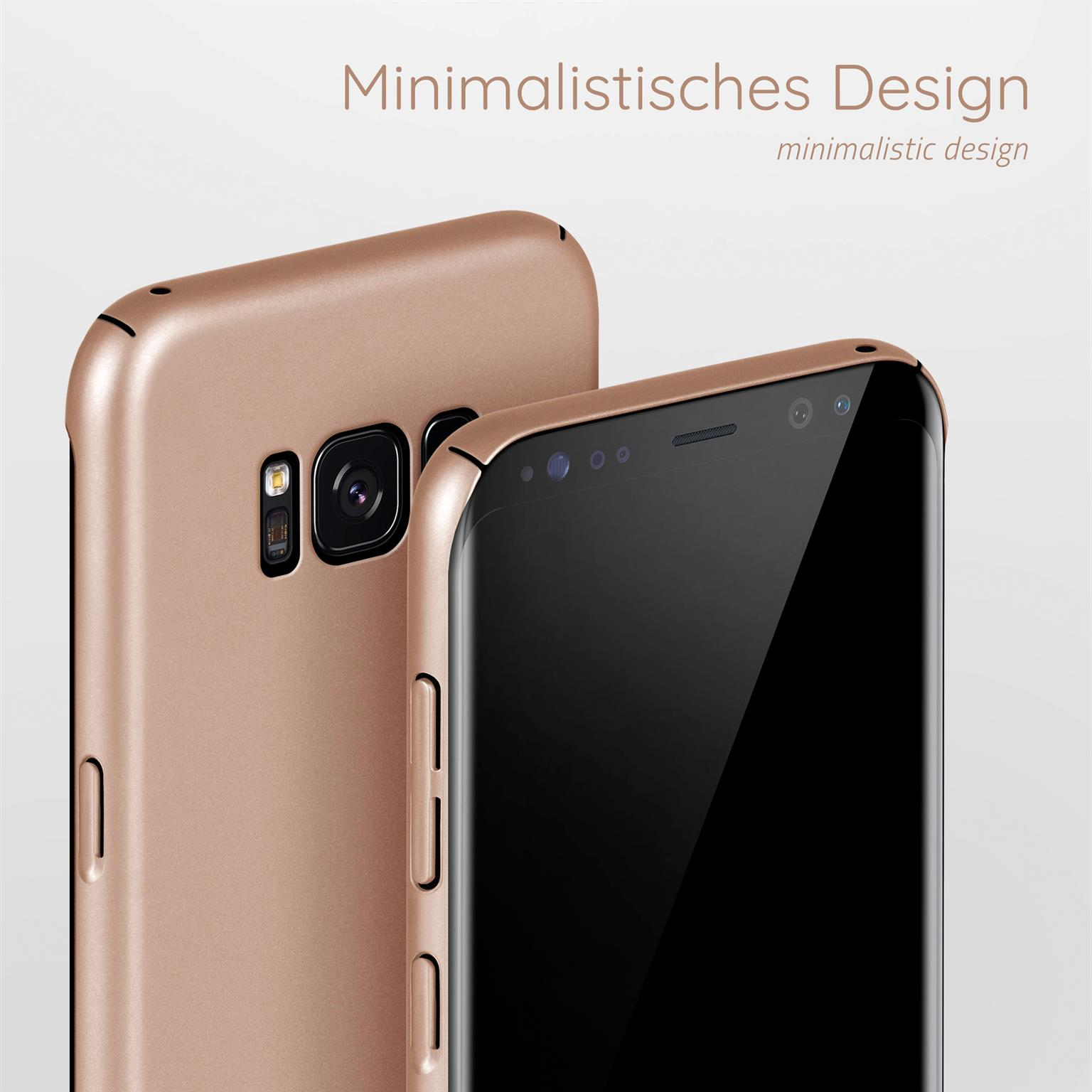 Zwei roségoldene Handyhüllen, eine vor der anderen. Text oben sagt 'Minimalistisches Design'.
