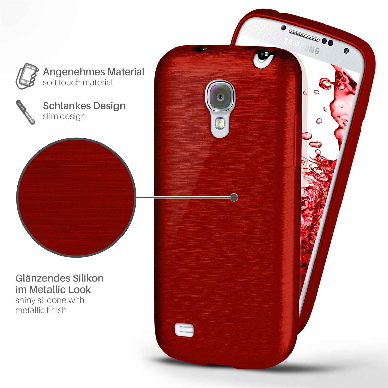 Rote Handyhülle, glänzendes Silikon mit Metallic-Look. Telefon im Inneren. Text: 'Schlankes Design'.