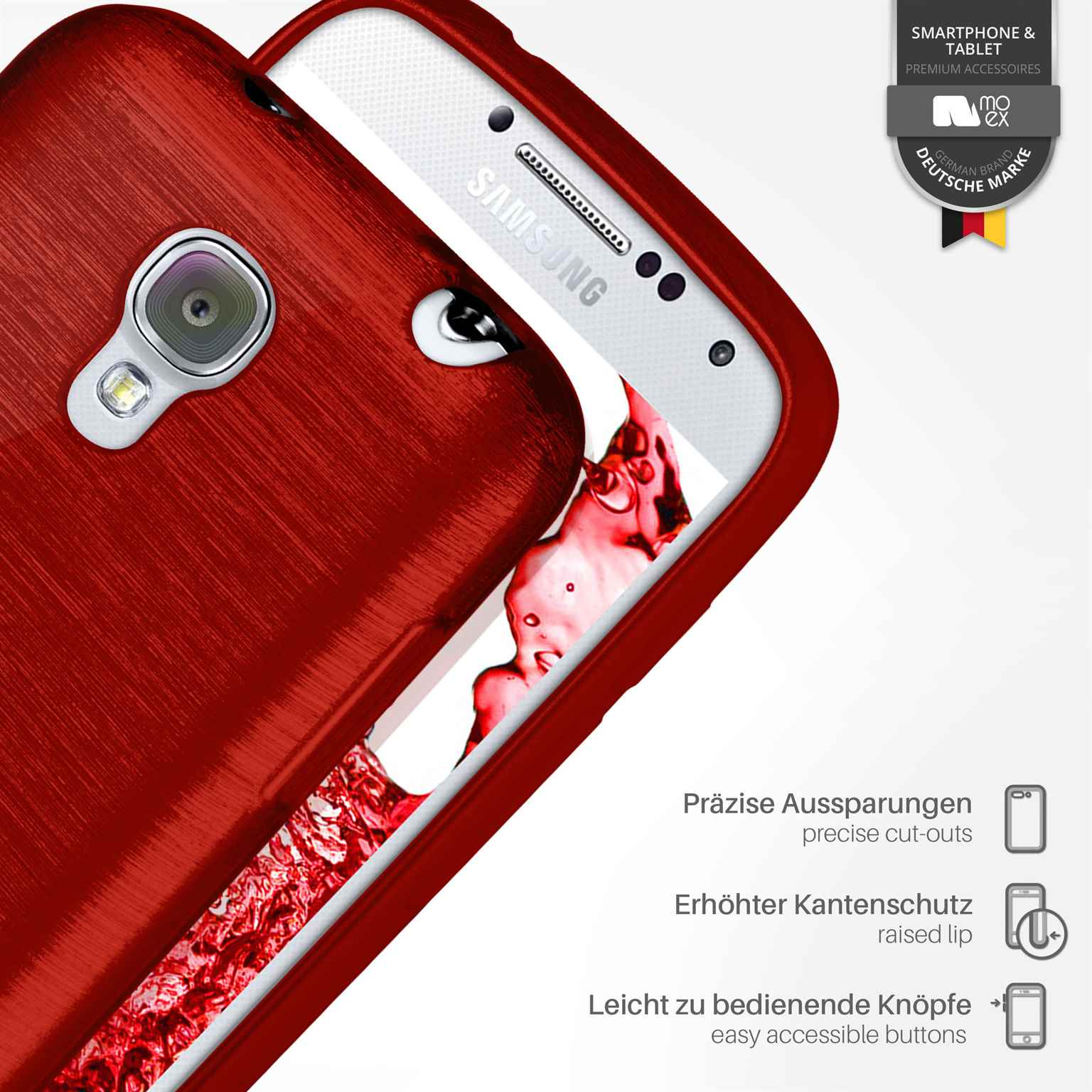 Eine rote Handyhülle mit präzisen Aussparungen, erhöhtem Rand und leicht zugänglichen Tasten. Ein Telefon ist darin.