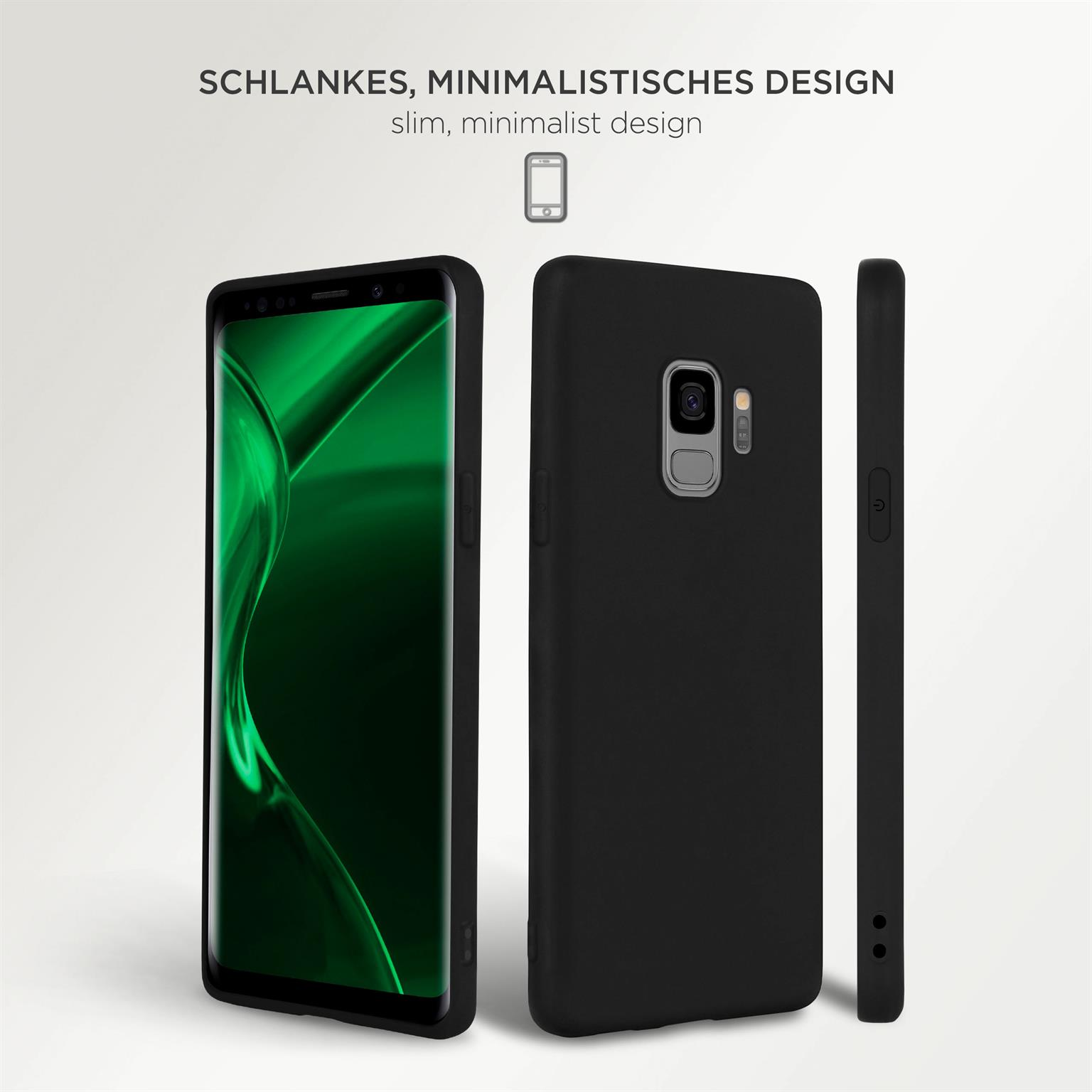 Schwarze Handyhülle mit Telefon. Text: schlankes, minimalistisches Design. Weißer Hintergrund.