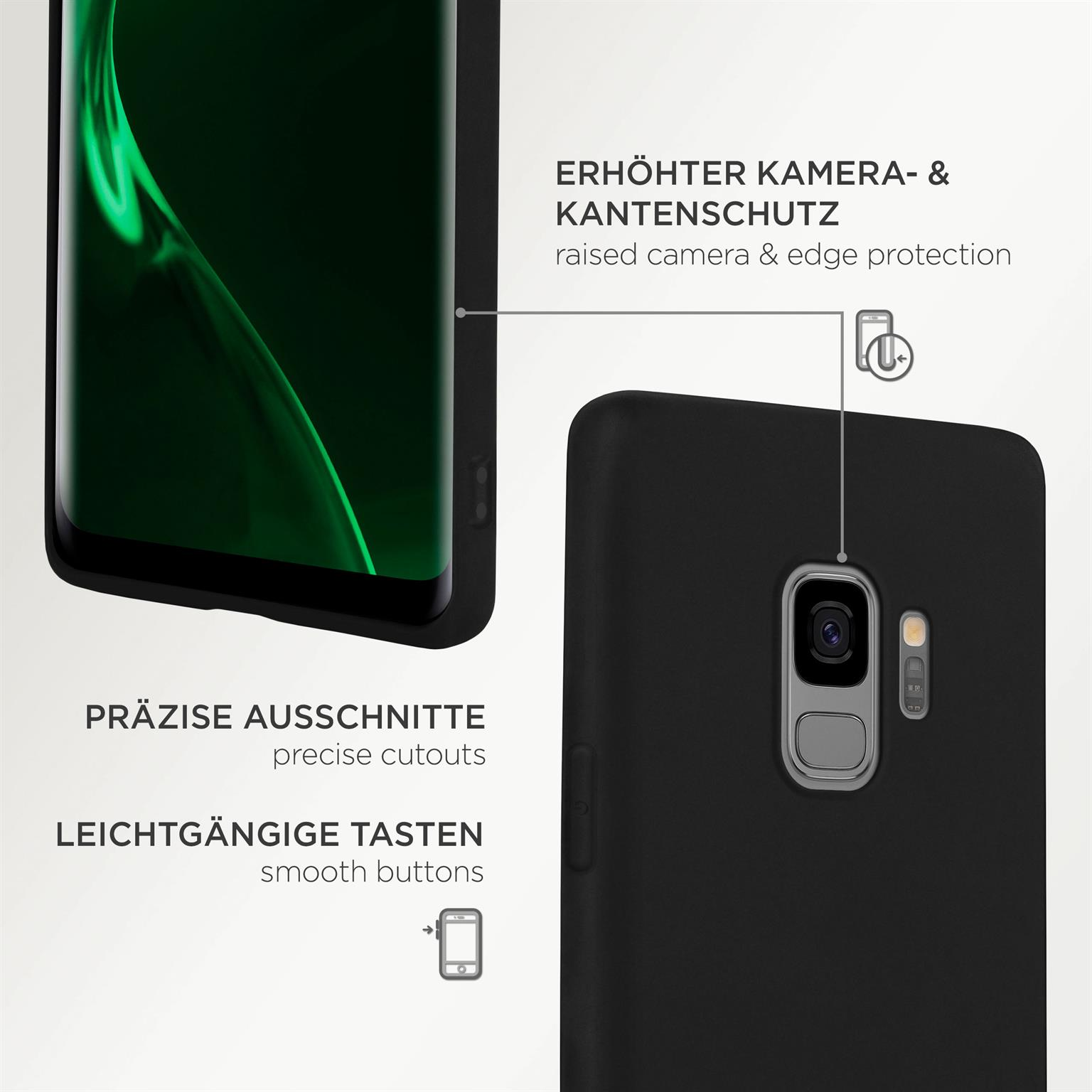 Schwarze Handyhülle mit präzisen Aussparungen. Rückseite und Seite des Telefons sind gezeigt, mit Text und Diagrammen.