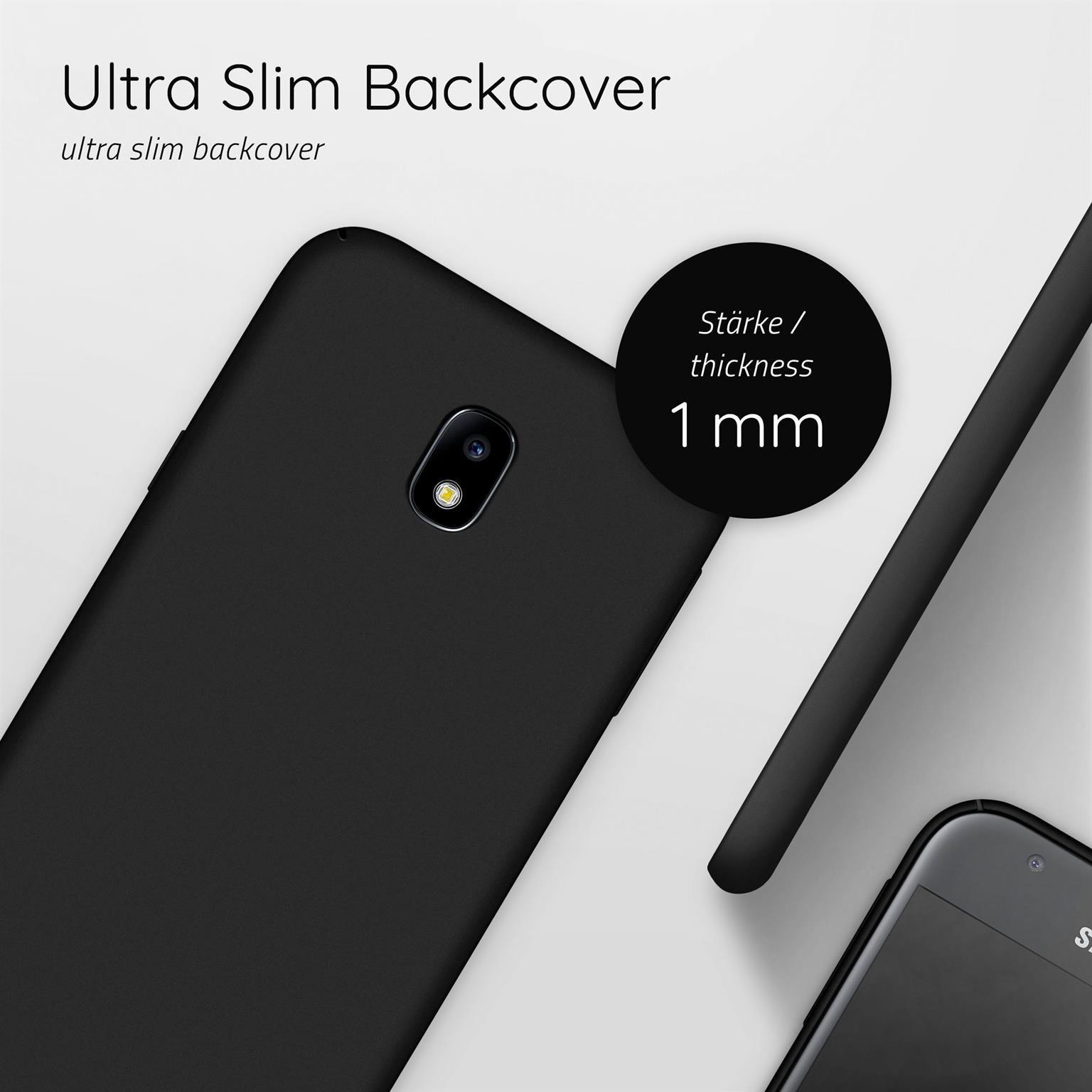 Schwarze Handyhülle. Text: Ultra-schlanke Rückabdeckung. Dicke 1 mm.