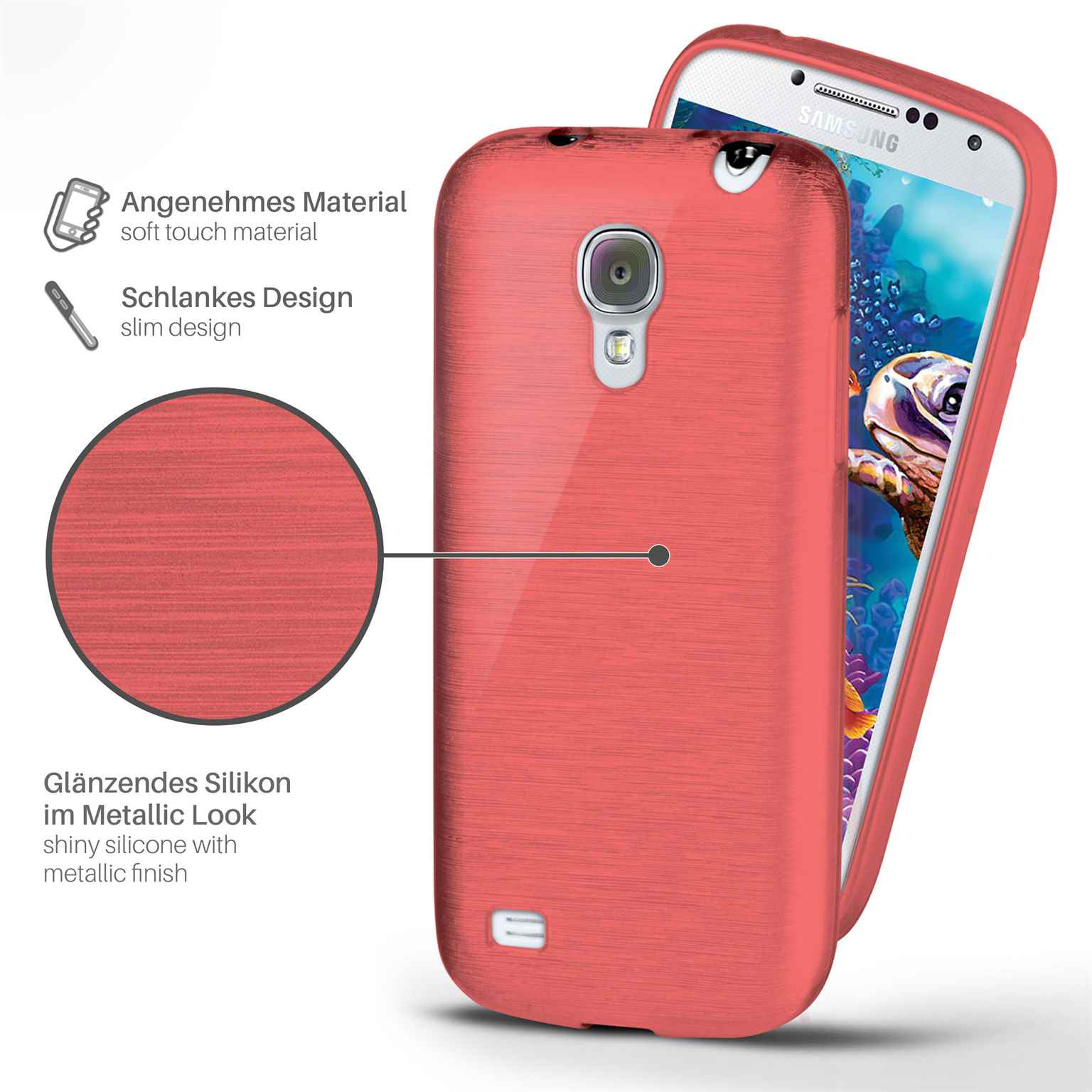 Rote Handyhülle auf einem Telefon. Metallisches Finish. Kreis zeigt Textur.