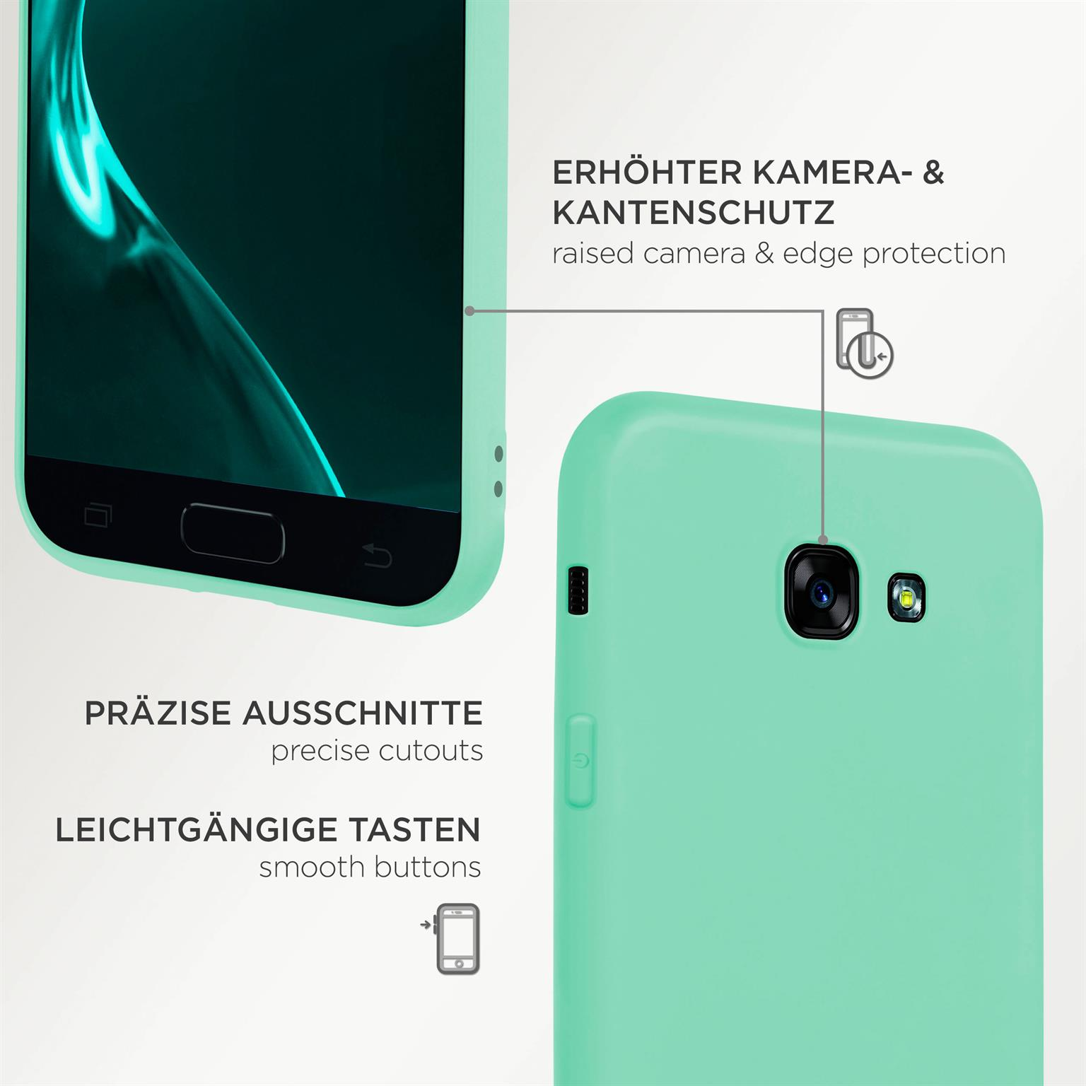 Mintgrüne Handyhülle auf einem Telefon. Präzise Aussparungen und erhöhter Kameraschutz.