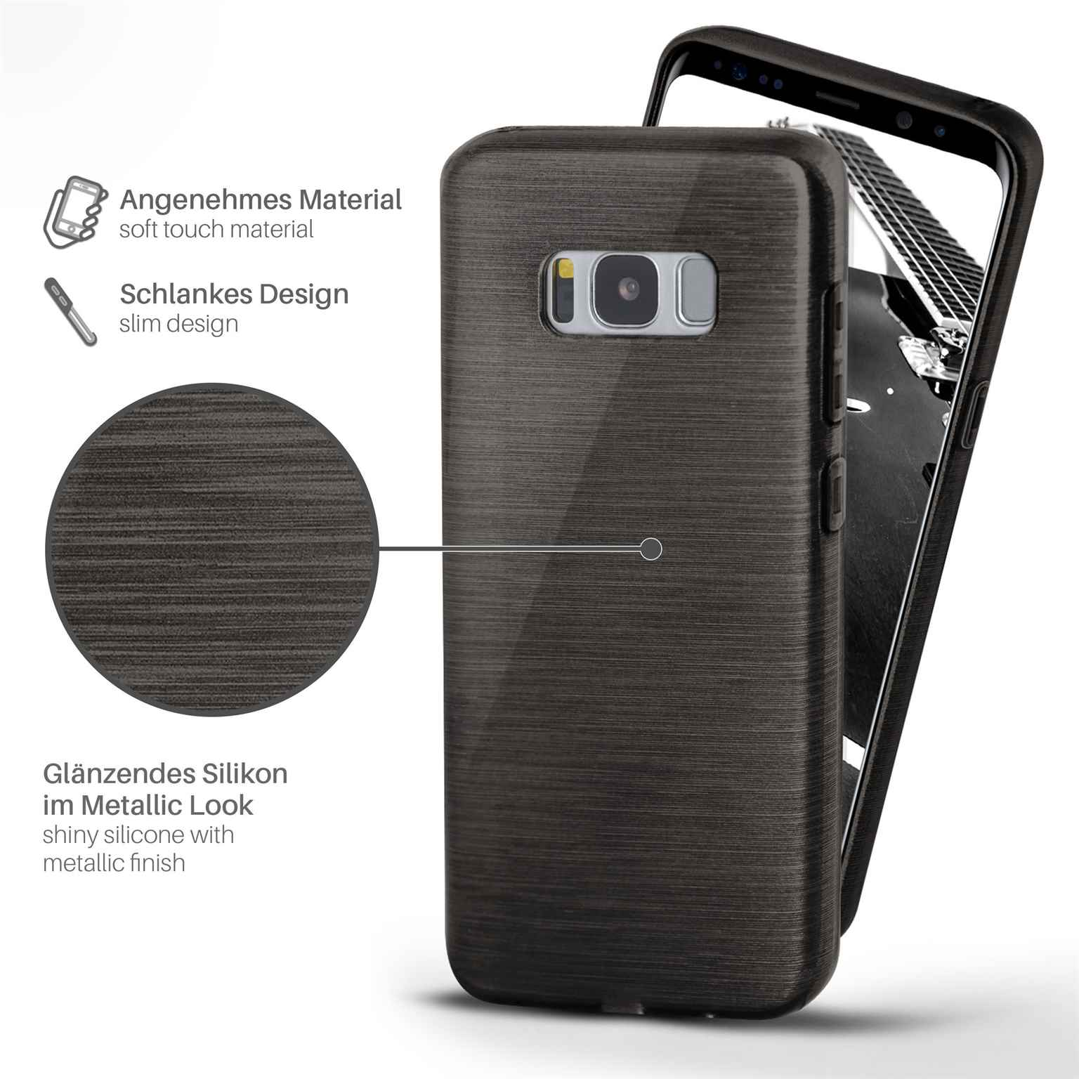 Dunkelbraune Handyhülle mit strukturierter Oberfläche, mit Telefon darin, Details des Telefons zeigend.