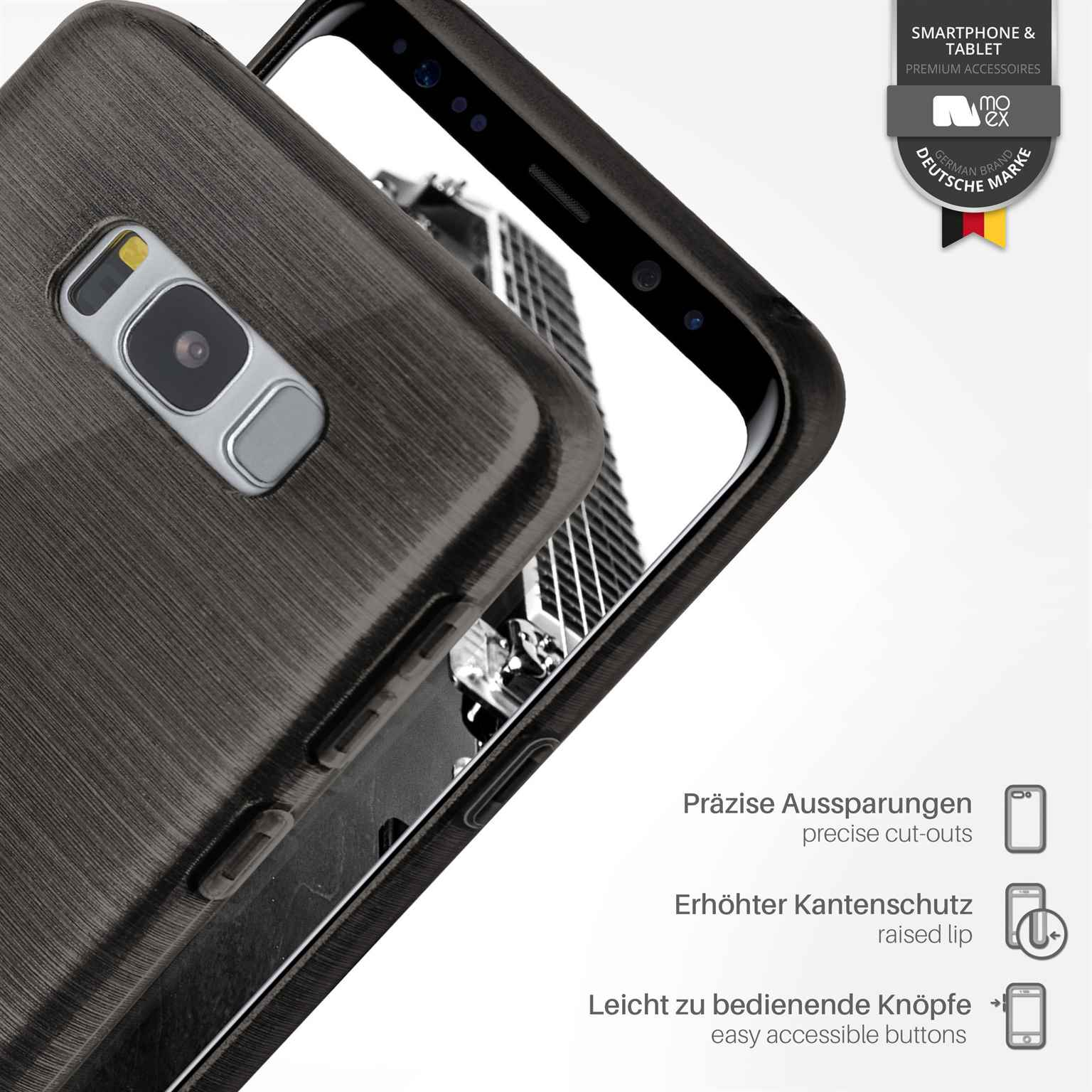 Handyhülle mit Telefon darin. Das Gehäuse ist grau und hat Aussparungen. Die Details des Telefons sind sichtbar.