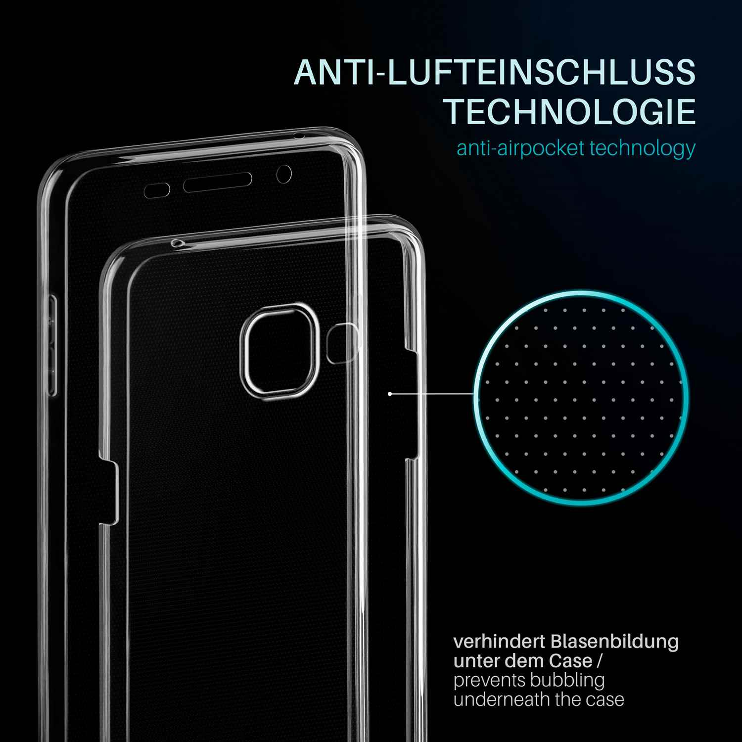 Transparente Handyhüllen gestapelt. Text: 'Anti-Lufteinschluss-Technologie' und 'Verhindert Blasenbildung'.