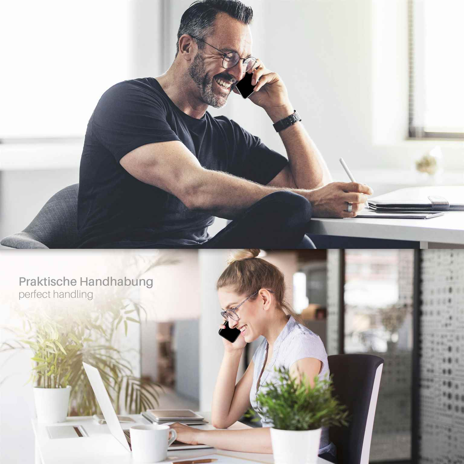 Zwei Personen telefonieren. Ein Mann lächelt und hält einen Stift. Eine Frau lächelt an einem Laptop.