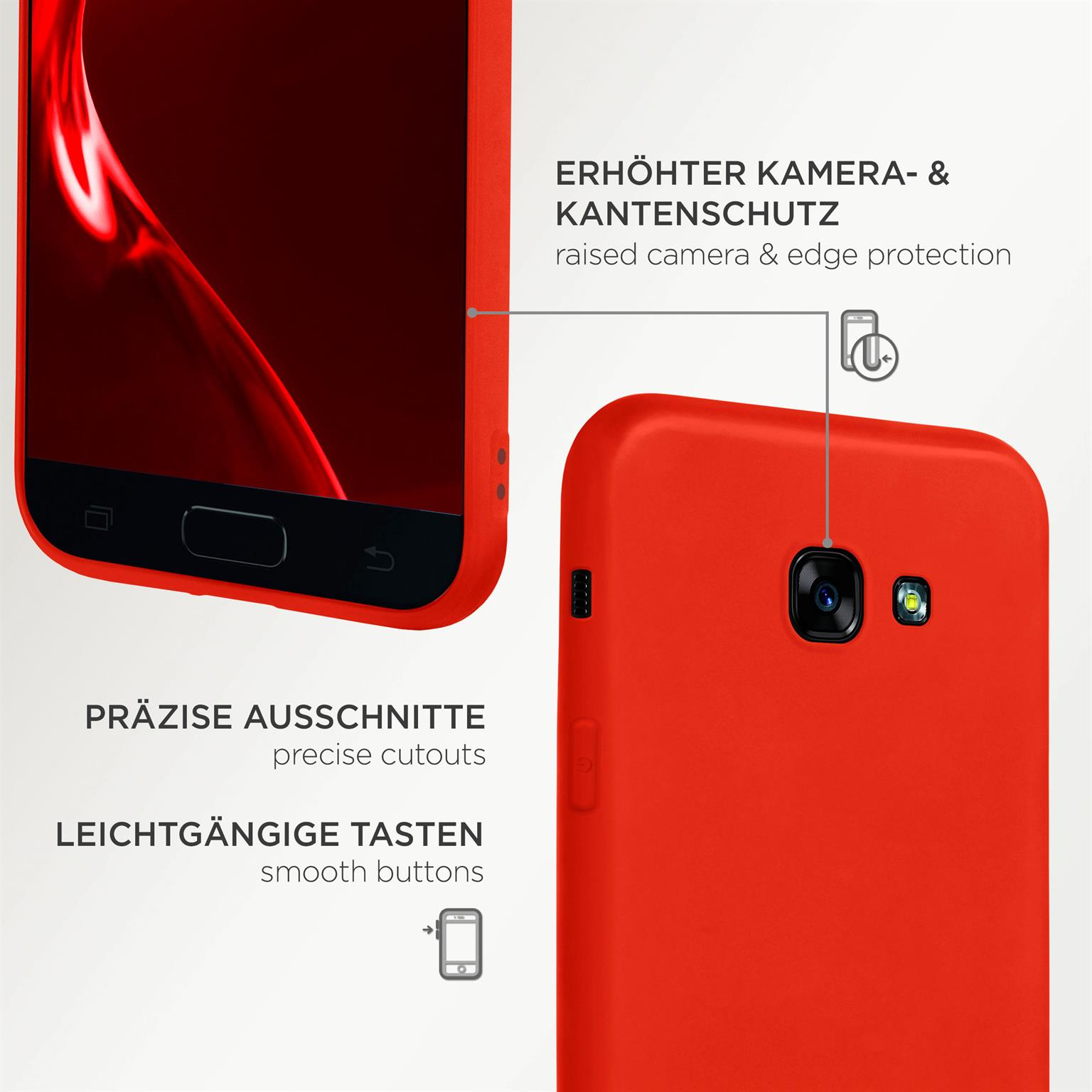 Eine rote Handyhülle mit präzisen Aussparungen und glatten Tasten, die ein Telefon zeigt.