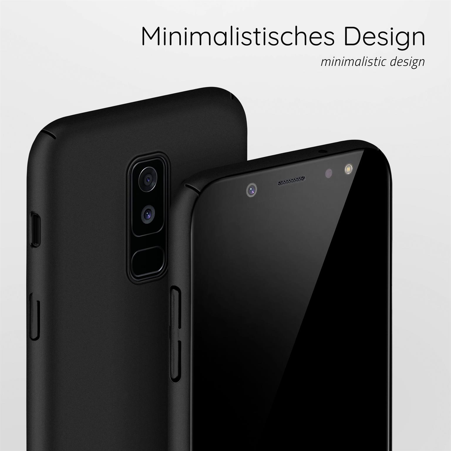 Zwei schwarze Telefone. Ein Telefon zeigt die Vorderseite. Das andere zeigt die Rückseite. Weißer Hintergrund.