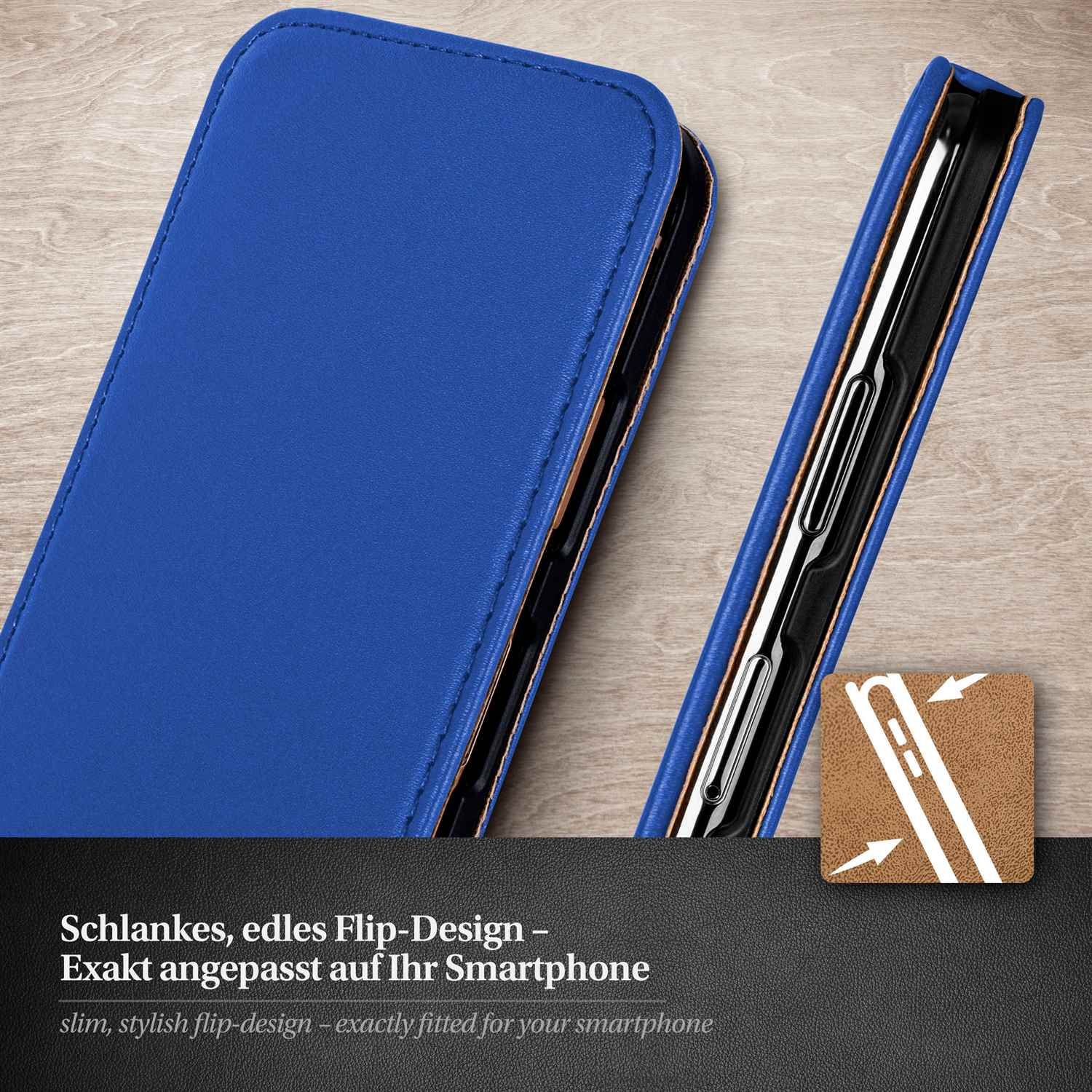 Blaue Handyhülle. Text: Schlankes, stilvolles Flip-Design.