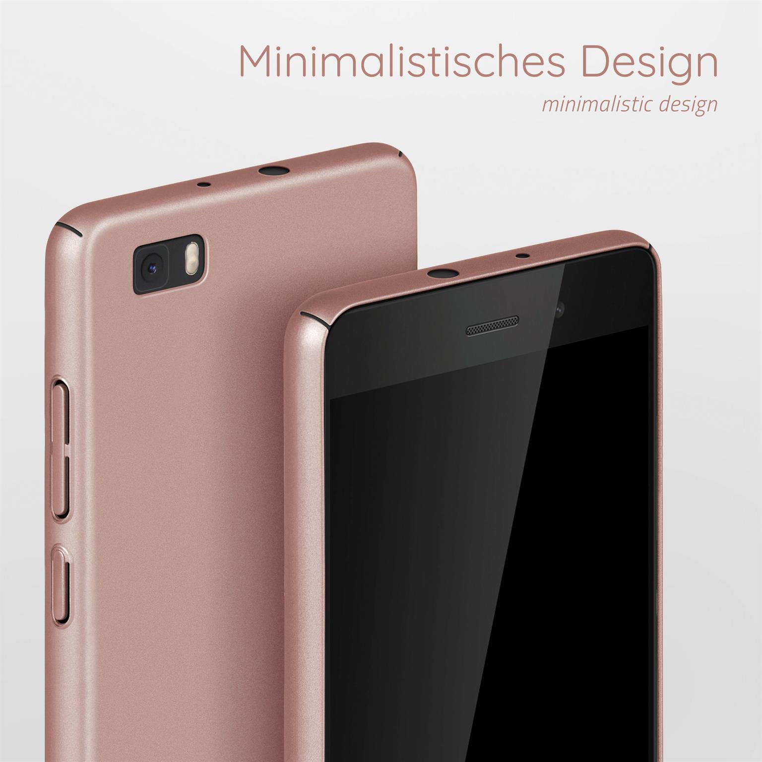 Zwei roségoldene Telefone, eines zeigt eine Kamera. Der Text lautet 'Minimalistisches Design'.
