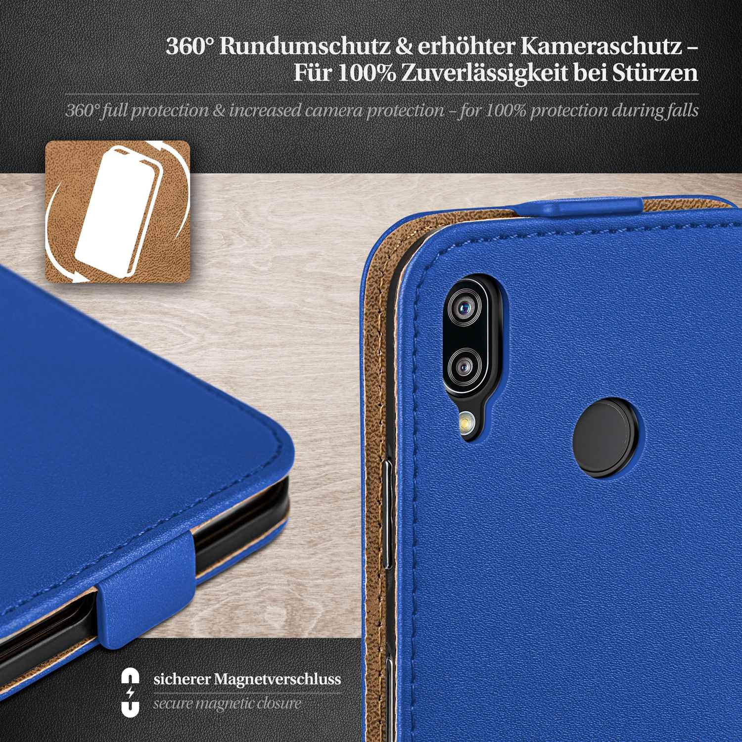 Blaue Handyhülle. Zeigt ein Telefon im Inneren, mit Kamera und sicherem Magnetverschluss.