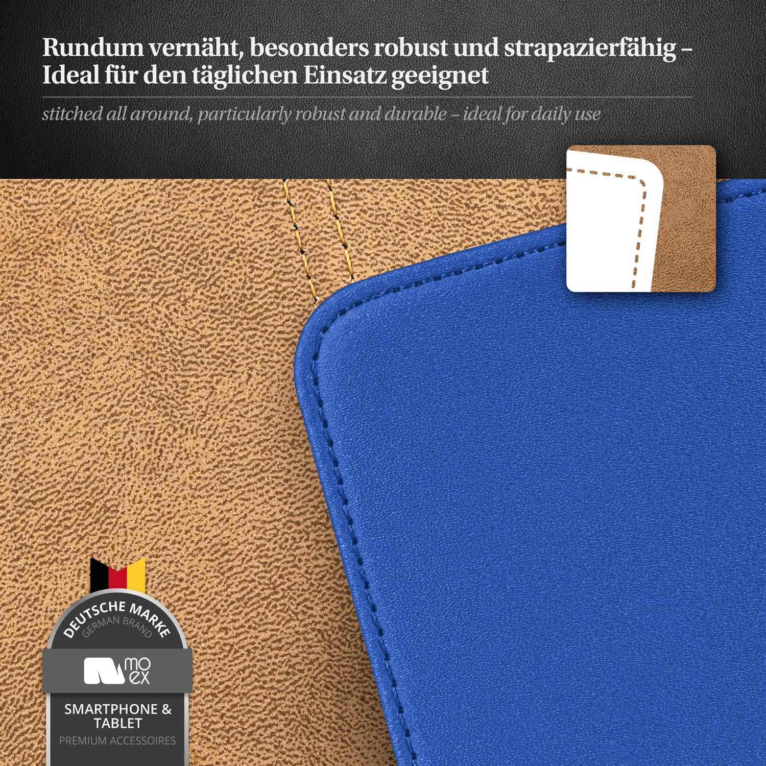 Blaue und braune Handyhülle. Text: Rundum vernäht, besonders robust und strapazierfähig.