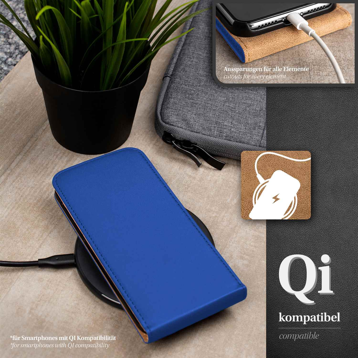 Blaue Handyhülle mit Telefon auf kabellosem Ladegerät. Text: Qi-kompatibel. Schwarzer Topf und Tasche.
