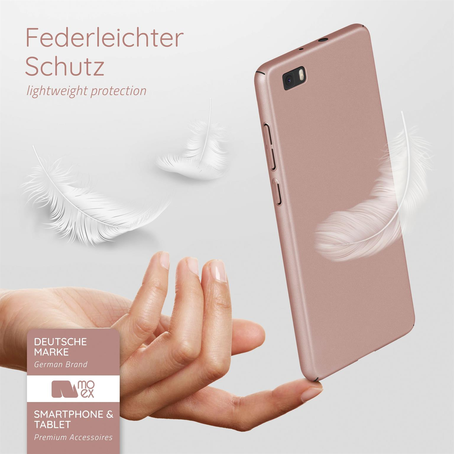 Hand hält Handyhülle, Federn schweben. Text über federleichten Schutz.