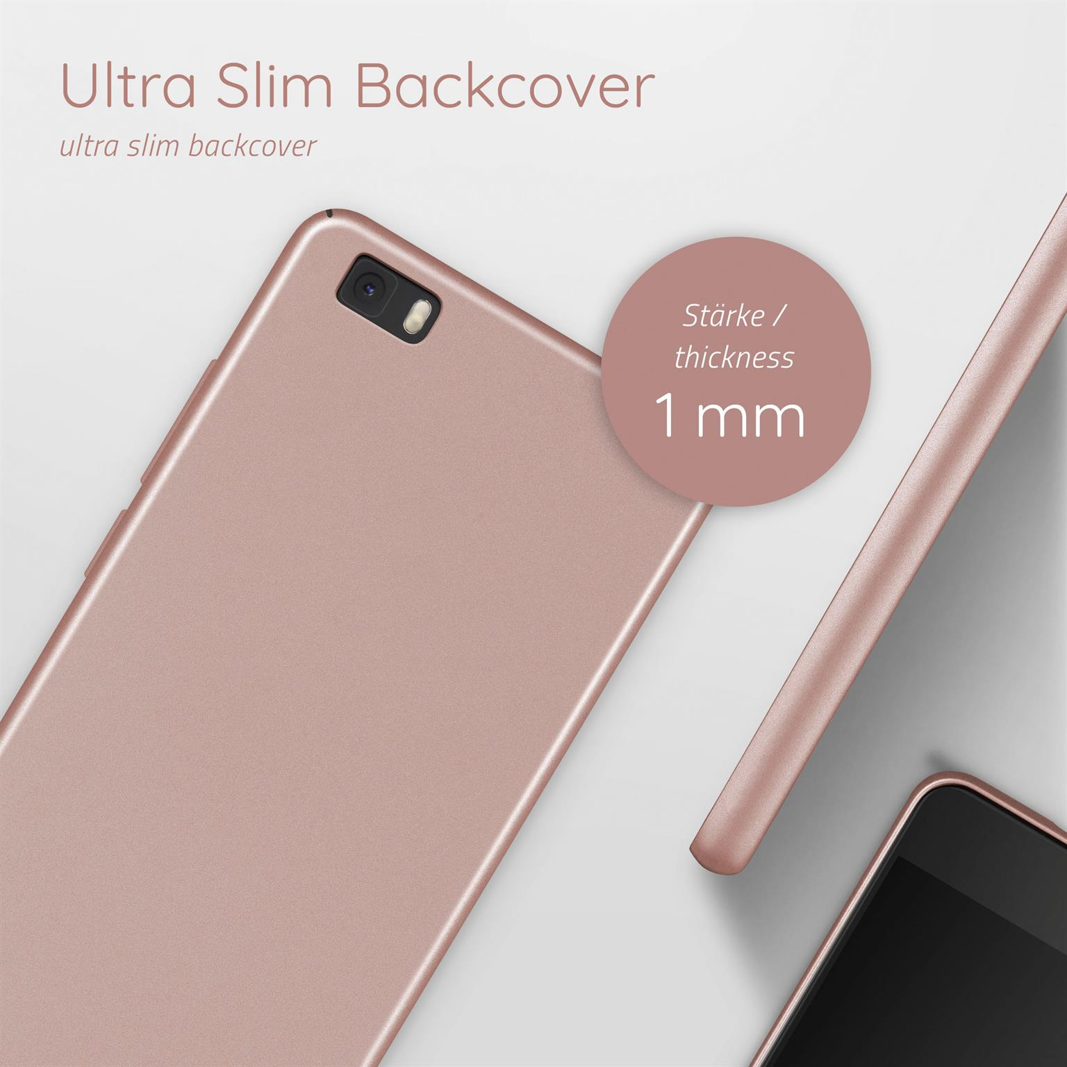 Roségoldene Handy-Rückseite. Das Telefon liegt auf weißem Untergrund. Ein Kreis hebt die Dicke hervor.