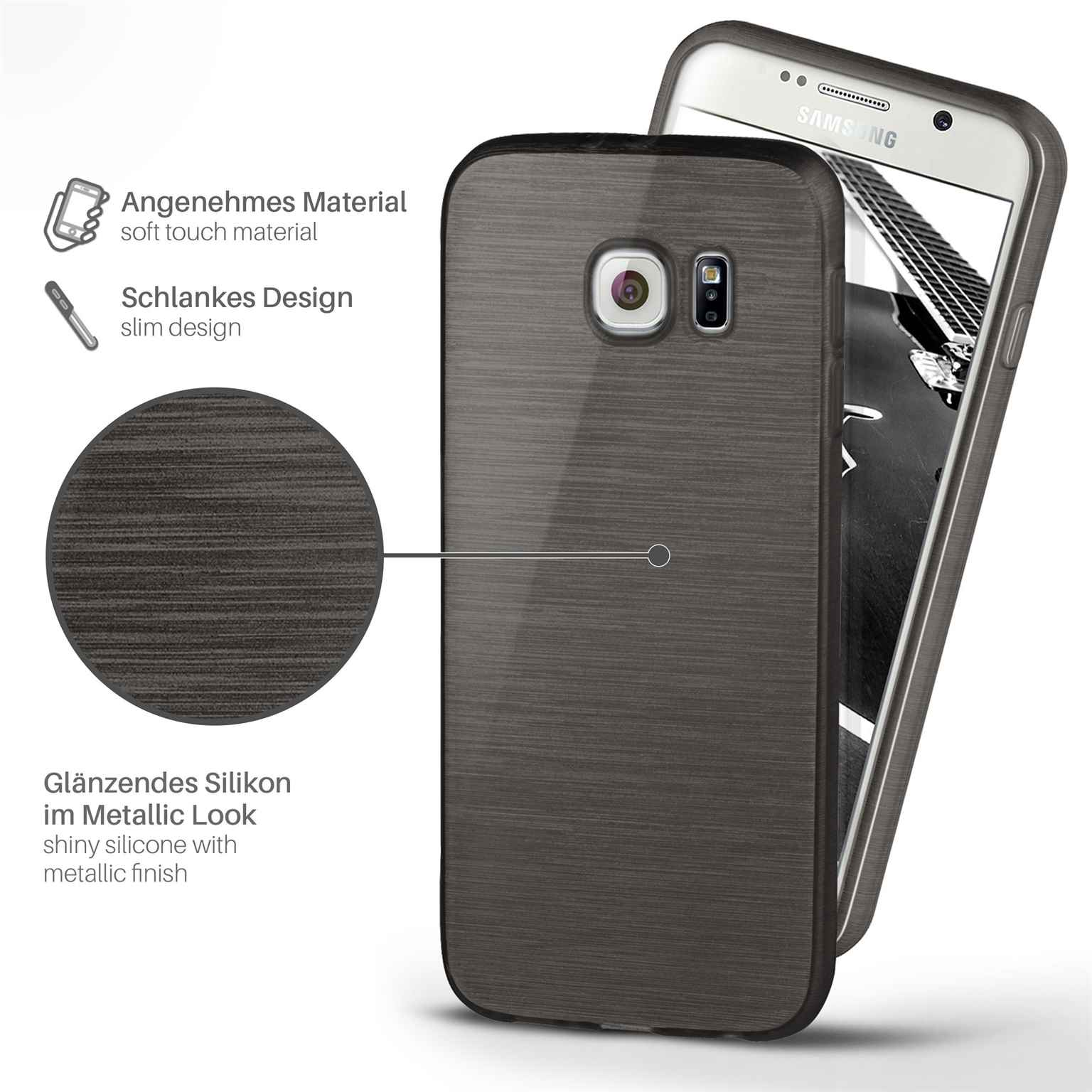 Handyhülle im Metallic-Look auf einem Telefon. Text: 'Angenehmes Material', 'Schlankes Design'.