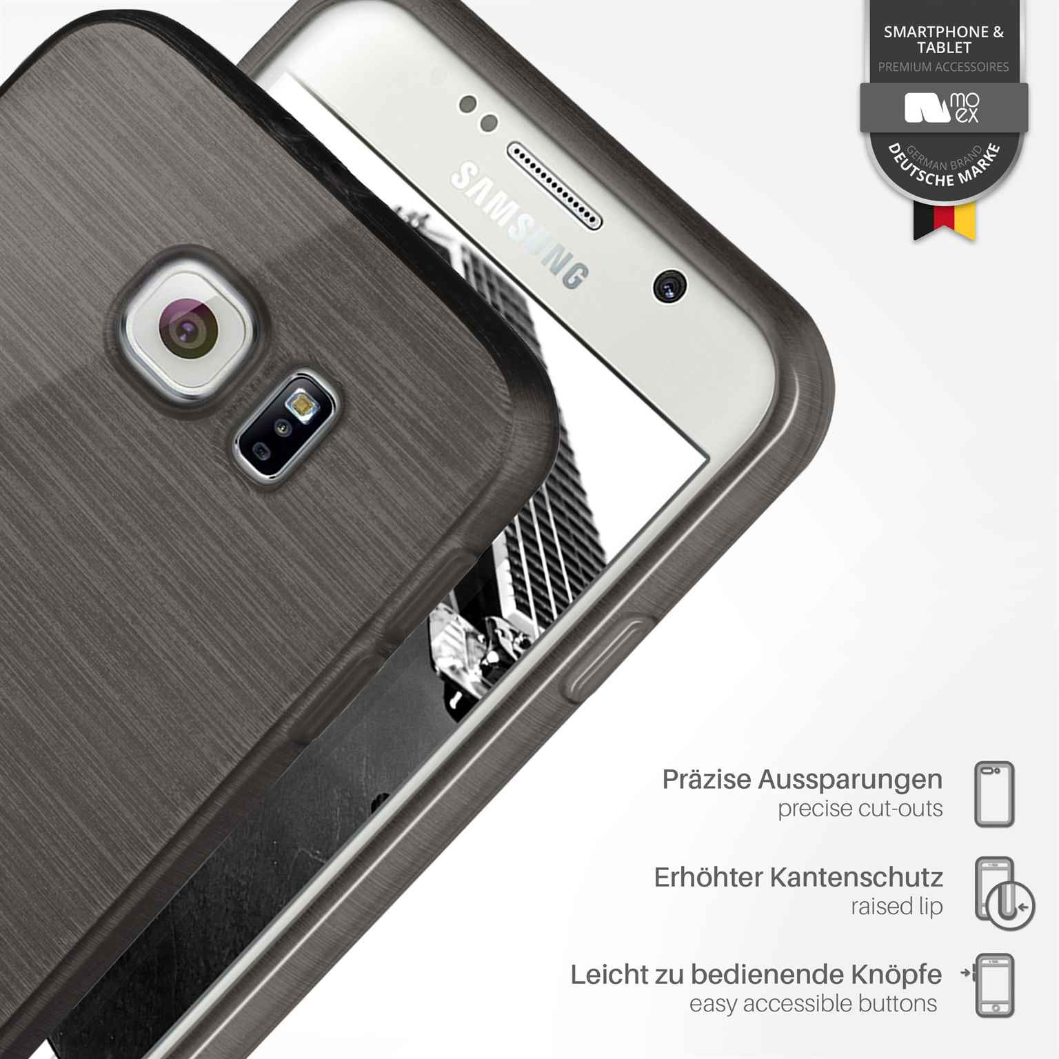 Handyhülle mit Telefon. Die Hülle ist grau mit Holzmaserung. Text: Präzise Aussparungen.