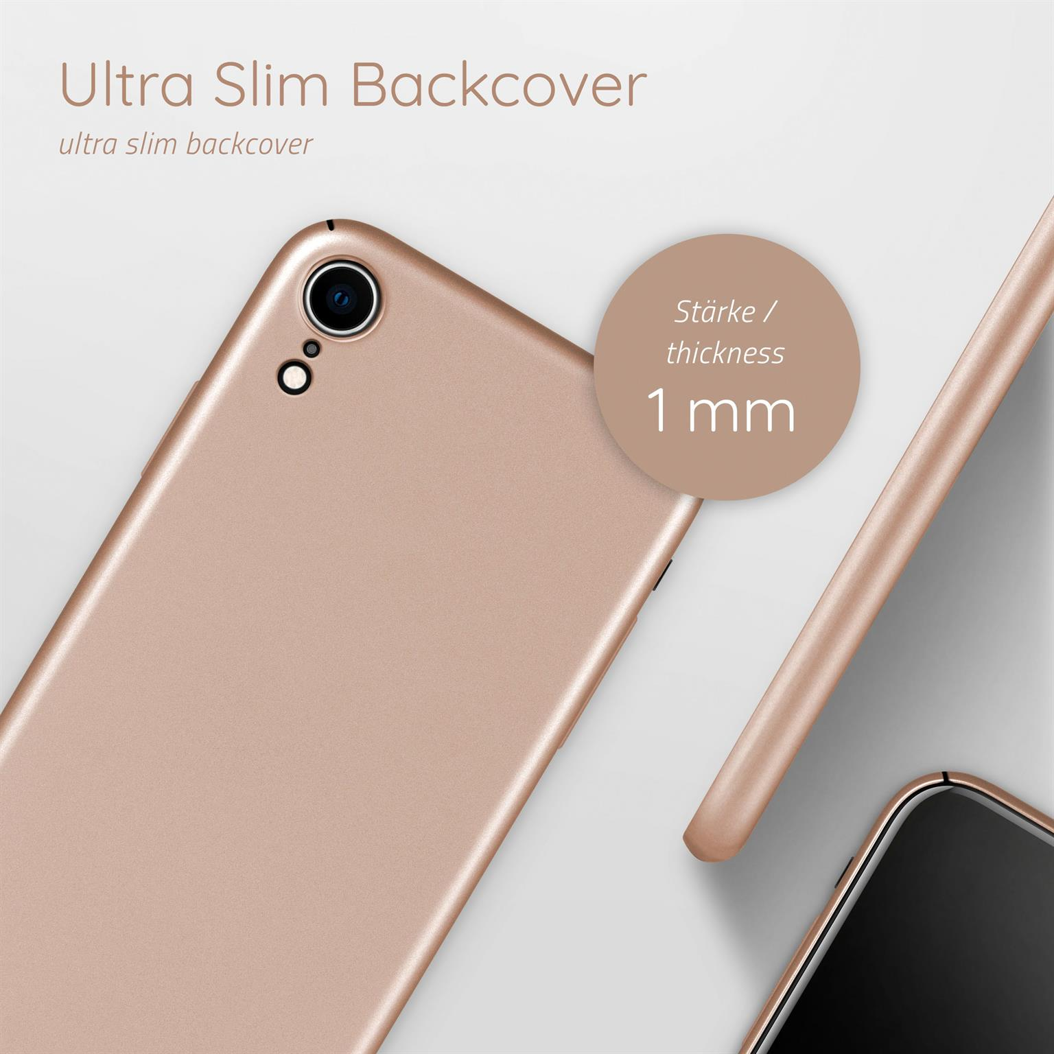 Roségoldenes Telefon. Text: Ultra schlanke Rückseite, Dicke 1 mm.