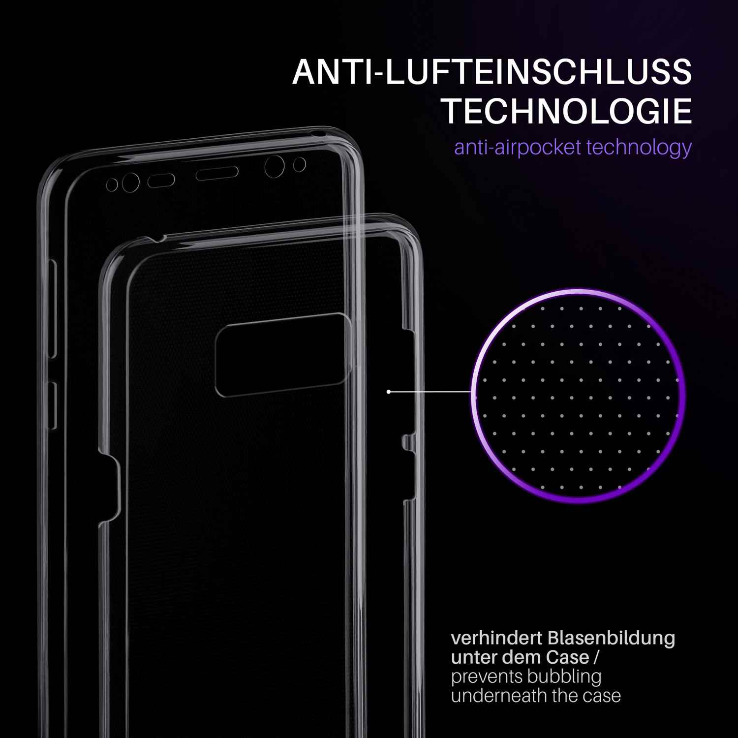 Zwei klare Handyhüllen nebeneinander, mit einem lila gepunkteten Kreis.