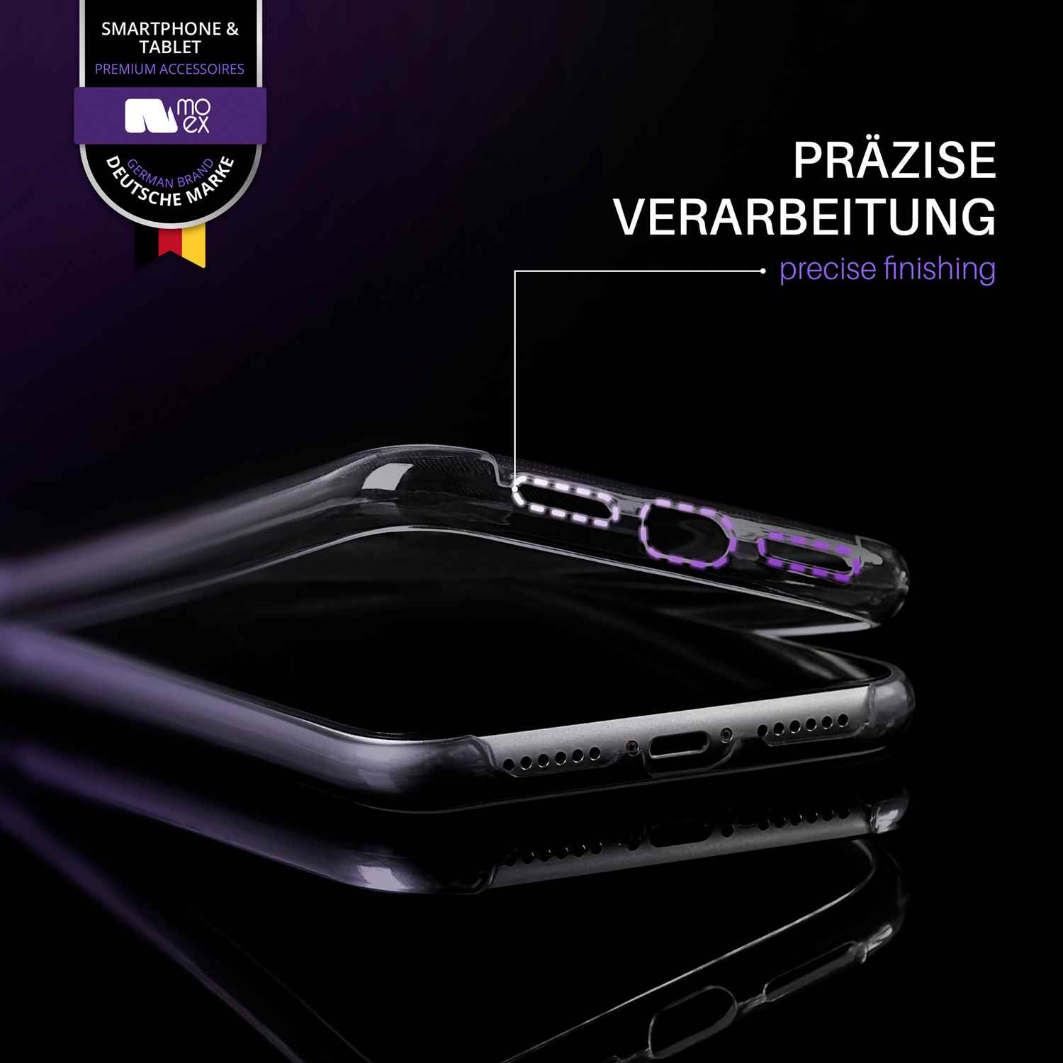 Handyhülle Detail, präzise Verarbeitung. Text: Präzise Verarbeitung, Smartphone & Tablet, deutsche Marke.