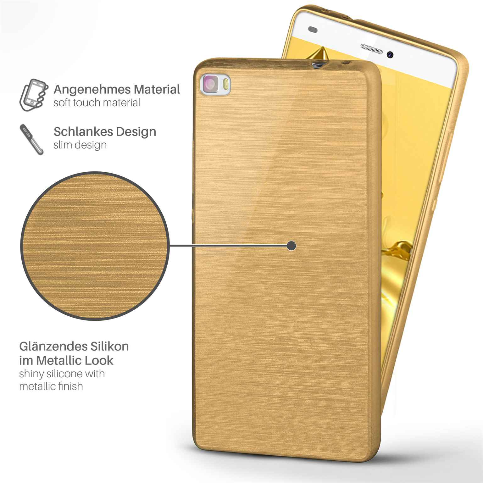 Zwei goldene Telefone, eines in einer Hülle. Die Hülle ist golden mit Metallic-Look und Soft-Touch-Material.