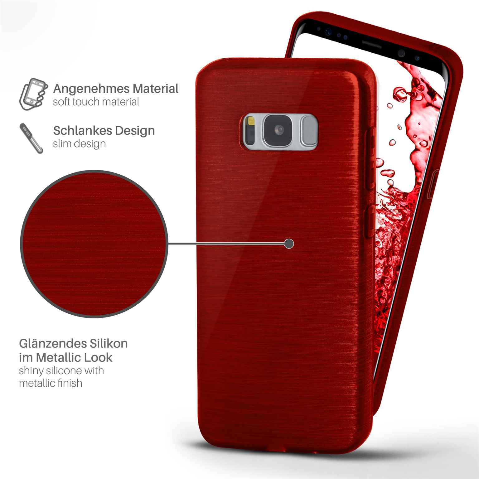 Rote Handyhülle mit Metallic-Finish, Seitenansicht und Nahaufnahme des Materials.