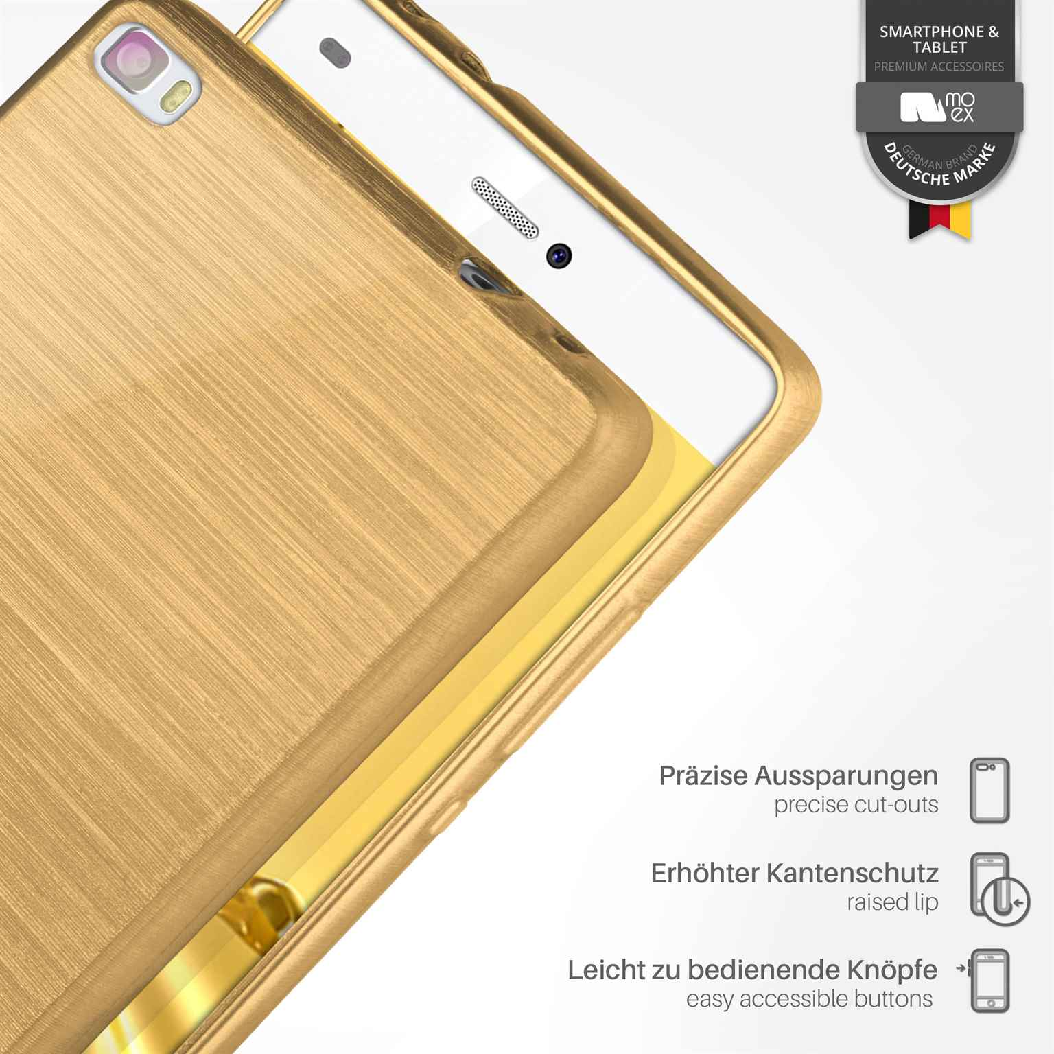 Goldene Handyhülle mit Telefon. Enthält Aussparungen, erhöhte Kante und leicht zugängliche Tasten.